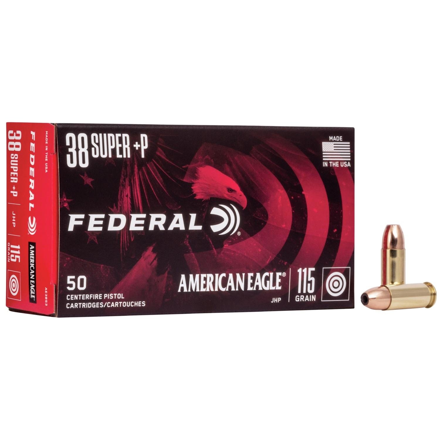Federal American Eagle .38 Super +P 115gr JHP Ammo 50rd Box - Federal Premium Ammunition - .38 SUPER