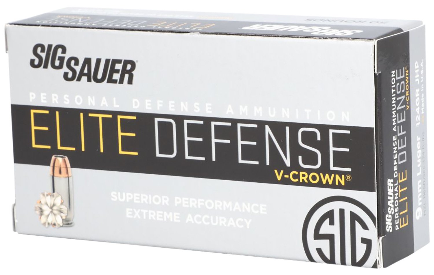 SigArms V-Crown Elite 9mm Luger 124gr JHP 50 Rounds Box