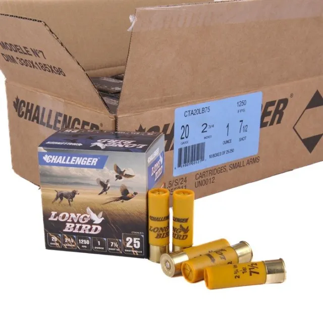 CHALLENGER AMMO LONG BIRD 20 GAUGE 2-3/4" 1OZ 1250 FPS #7.5 250 CASE - CHALLENGER AMMO - 20 GAUGE