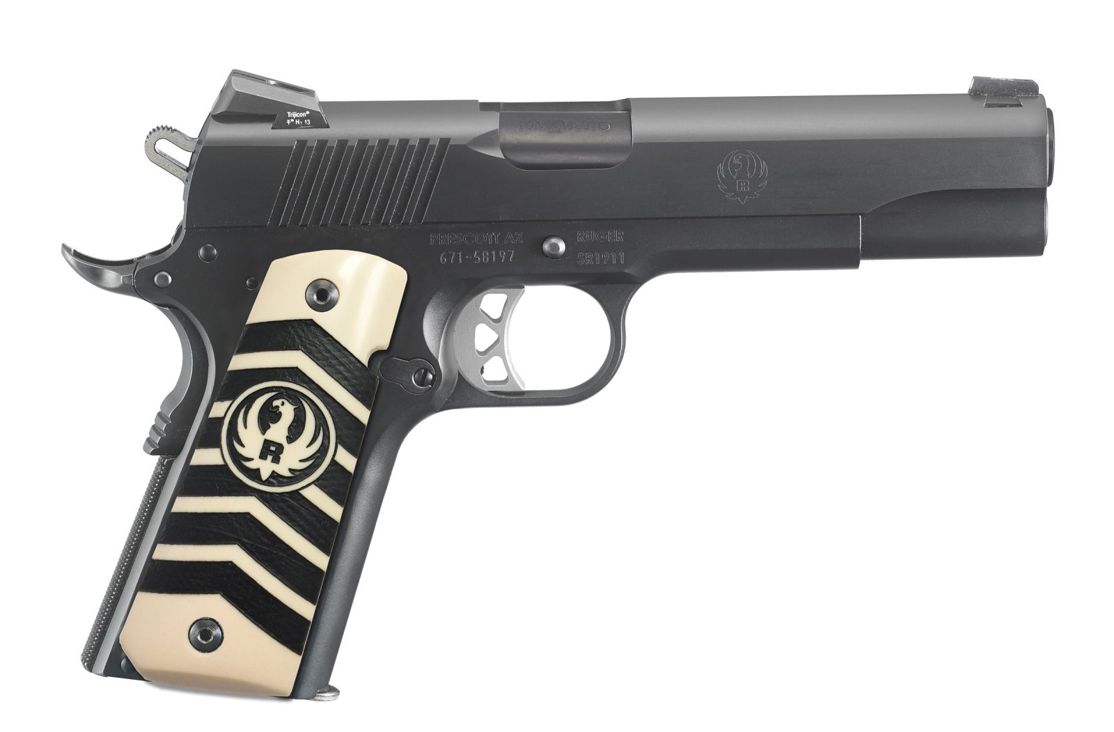 Ruger 6756 SR1911 Semi-Auto Pistol, 10mm, 5-Inch Barrel, Black Nitride Stainless Steel, White Chevron Ivorylite Grip, 8+1 Capacity, Tritium 3-Dot Sights - Ruger - 10mm