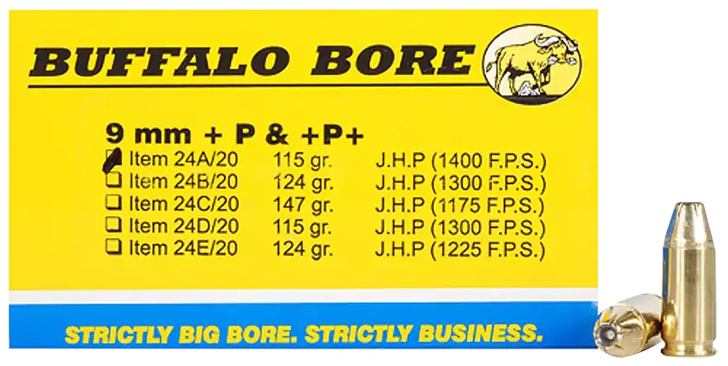 Buffalo Bore 24A20 9mm Luger +P+ 115gr JHP Ammo 20 Rounds