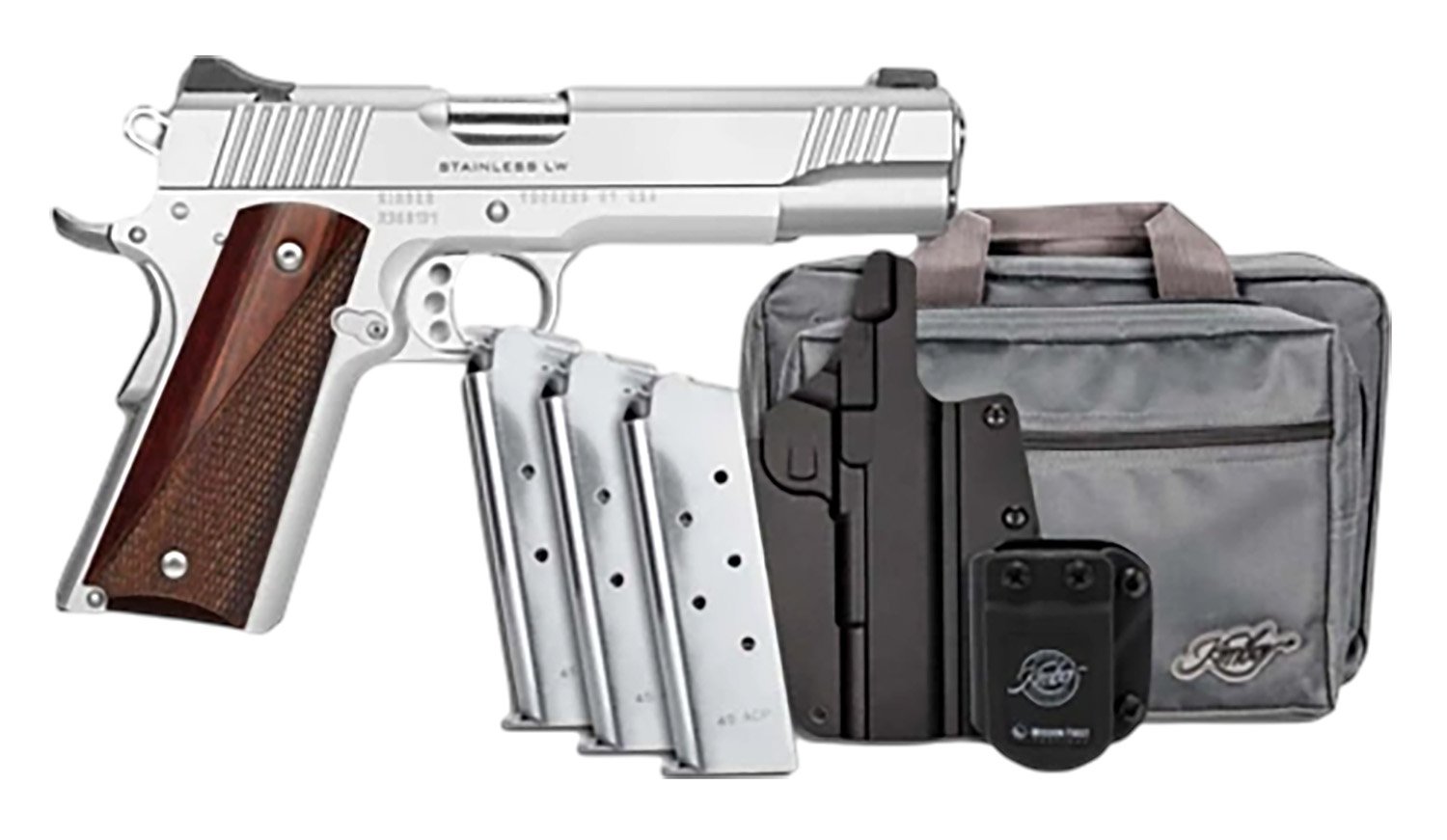 Kimber Mfg, Inc 3700852 Stainless LW Bundle 45 ACP 8+1 5" Match Grade Barrel, Stainless Steel Serrated Slide, Aluminum Frame - Kimber Manufacturing, Inc. - 45 ACP