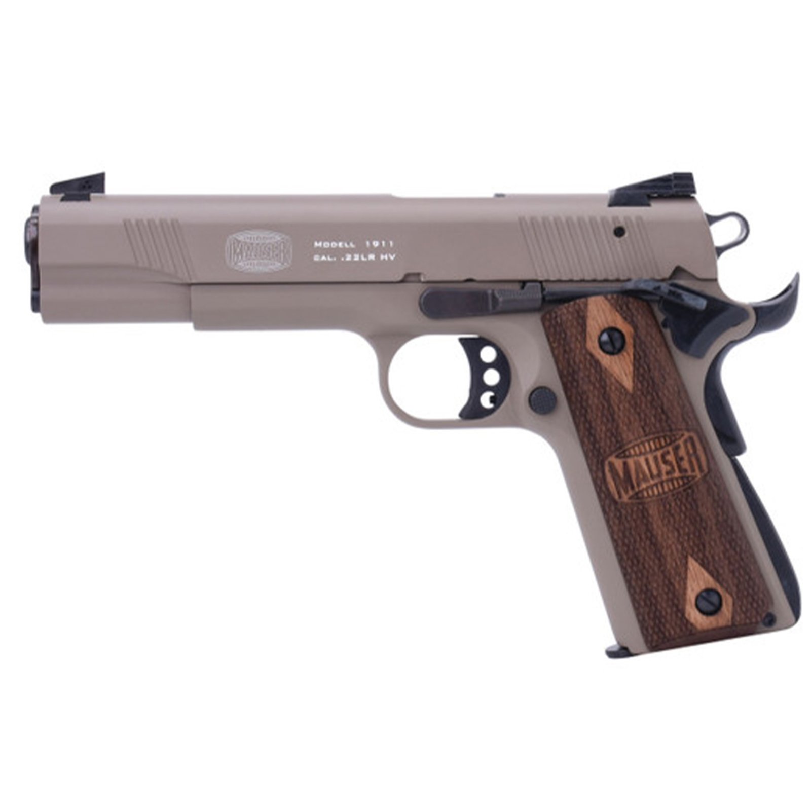 Mauser 1911 22LR Black 5"; Adjustable Sights; Tan Walnut Mauser grips; 1x15rd mag Threaded Barrel