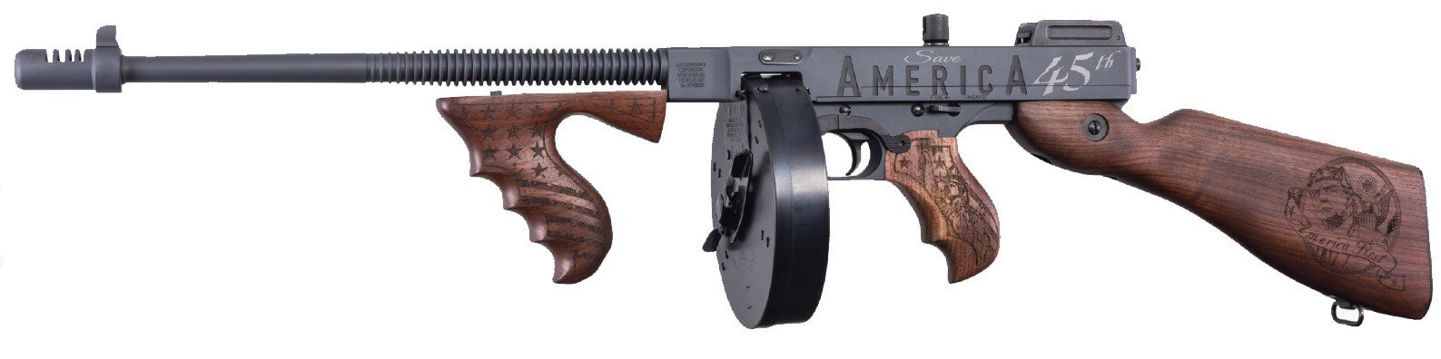 Auto Ordnance 1927A-1 Deluxe Trump Saves America Semi-Automatic Rifle, .45 ACP, Sniper Gray Cerakote, 16.5" Finned Barrel, Adjustable Sight, Walnut Stock, 50-Round Drum, 20-Round Stick Magazines - Auto-Ordnance - 45 ACP