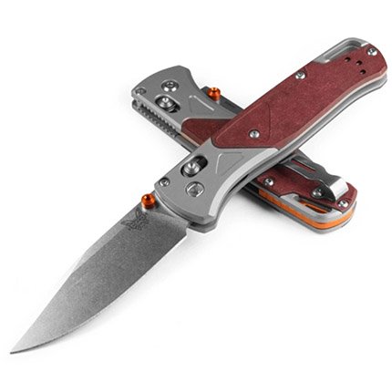 BUGOUT, AXS, DROP POINT 3.24" CPM-S90V STEEL BLADE ASH GRAY ALUMINUM W/REDSTONE RICHLITE ONLAY - Benchmade