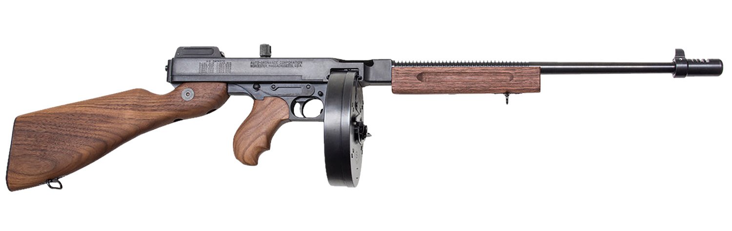 Thompson T1DH 1927A-1 Deluxe Semi-Automatic Rifle, .45 ACP, 18-Inch Barrel, 10+1 Drum, Case Hardened Metal, American Walnut Stock - Auto-Ordnance - 45 ACP