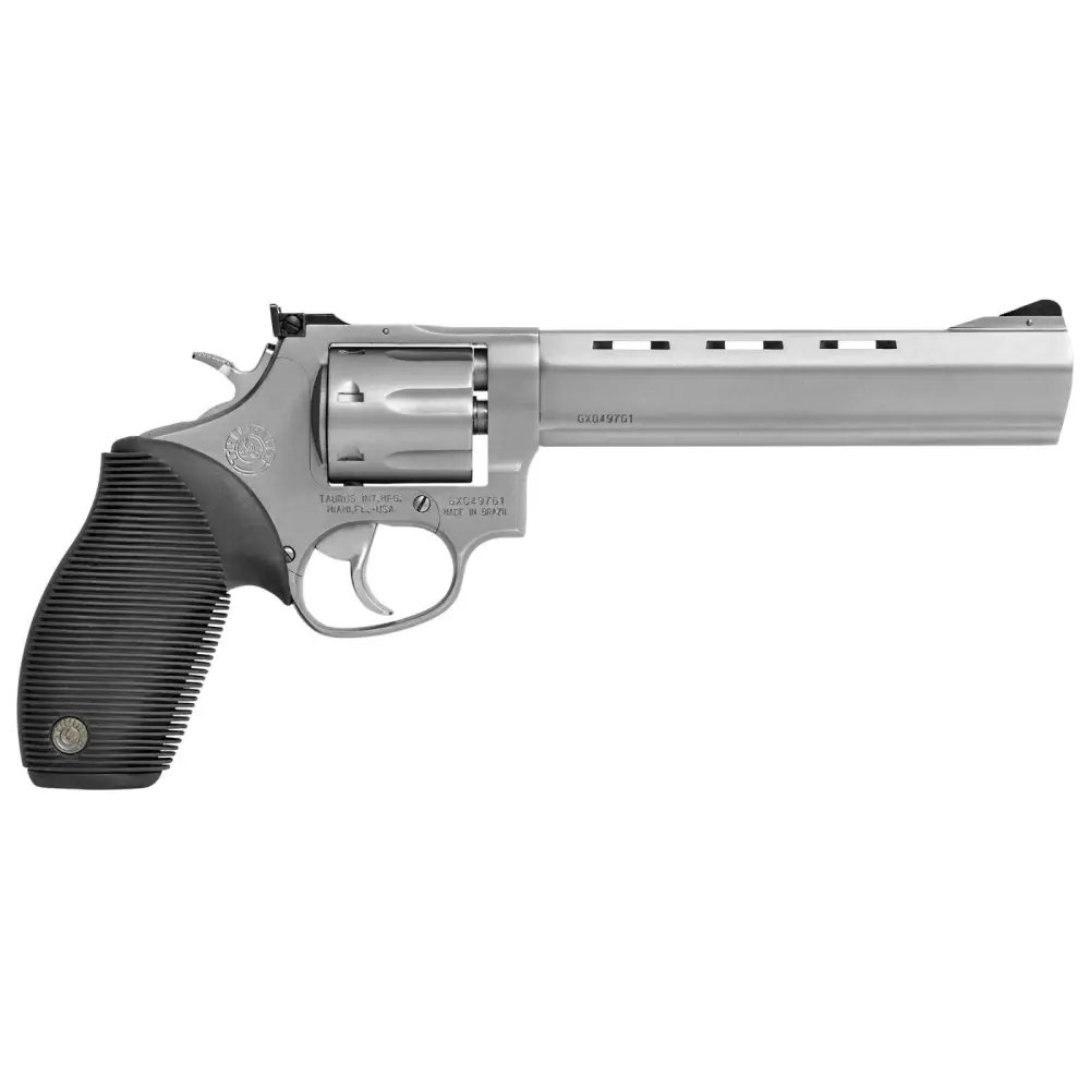 Taurus 2-170069 Tracker 17, 17 HMR Caliber, 6.5-Inch Barrel, 7-Round Capacity, Stainless Steel Frame, Black Ribber Grip, Adjustable Sights