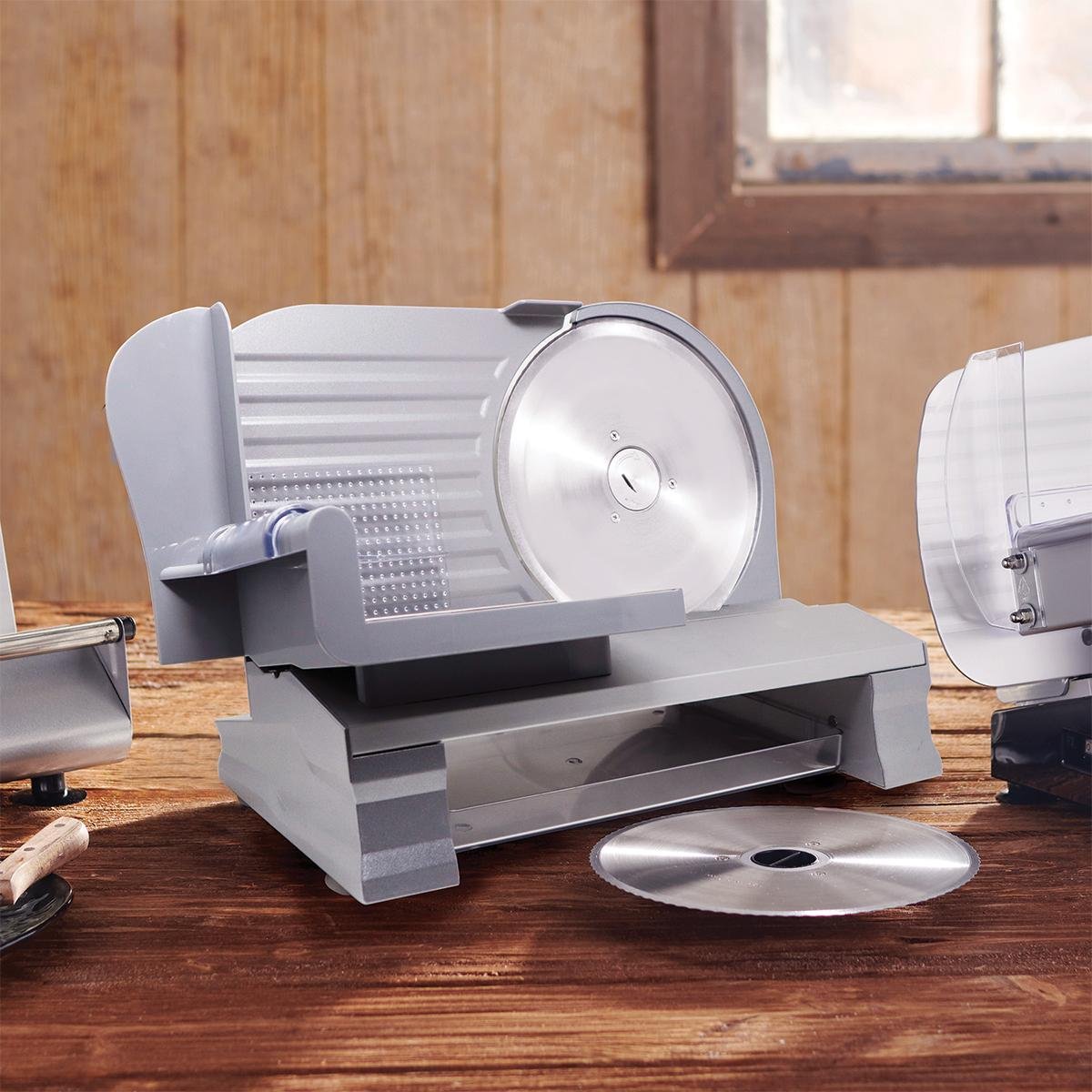 DNZ Products 8.5" Meat Slicer Aluminum Dual Blades Built-In Tray 120W