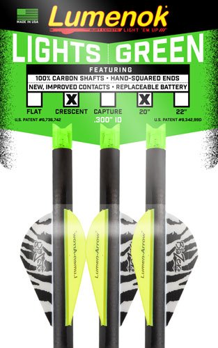 Lumenok LEMENOK XBOW Arrow 20" Carbon Green Lighted NOCK Crescent 3Pk
