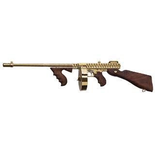 AO 1927A-1 Deluxe .45 ACP Firearm - Titanium Gold Tiger Stripe Finish, 16.5" Finned Barrel, Walnut Stock, 50-Round Drum & 20-Round Stick Magazines