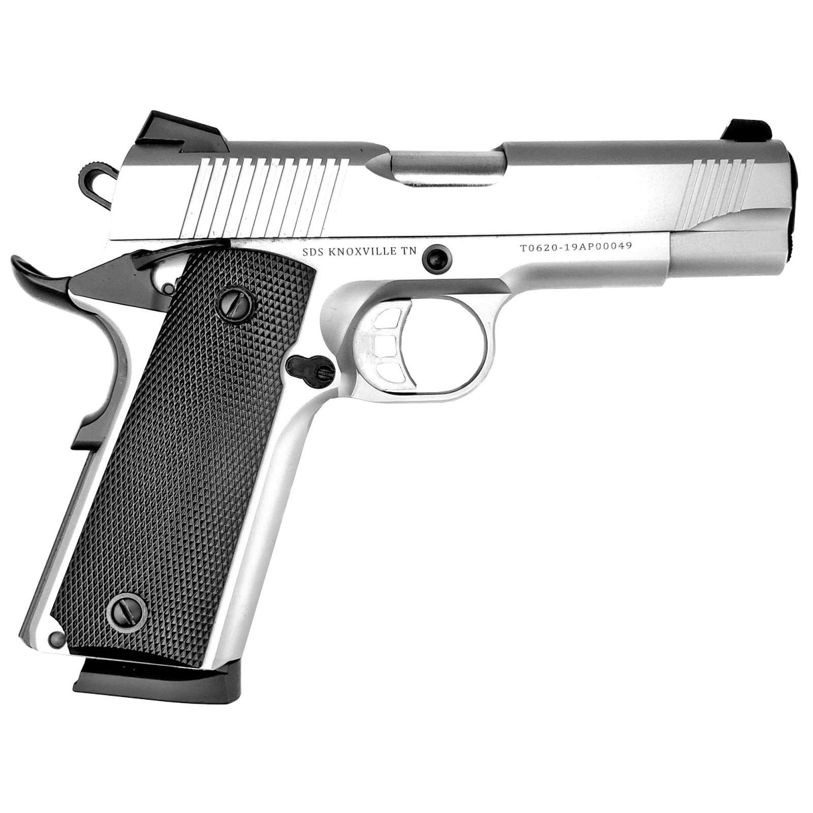 Tisas 1911CSS45 1911 Carry 45 ACP Caliber with 4.25" Barrel, 8+1 Capacity, Overall Stainless Steel Finish, Beavertail Frame, Serrated Slide & Black Polymer Grip
