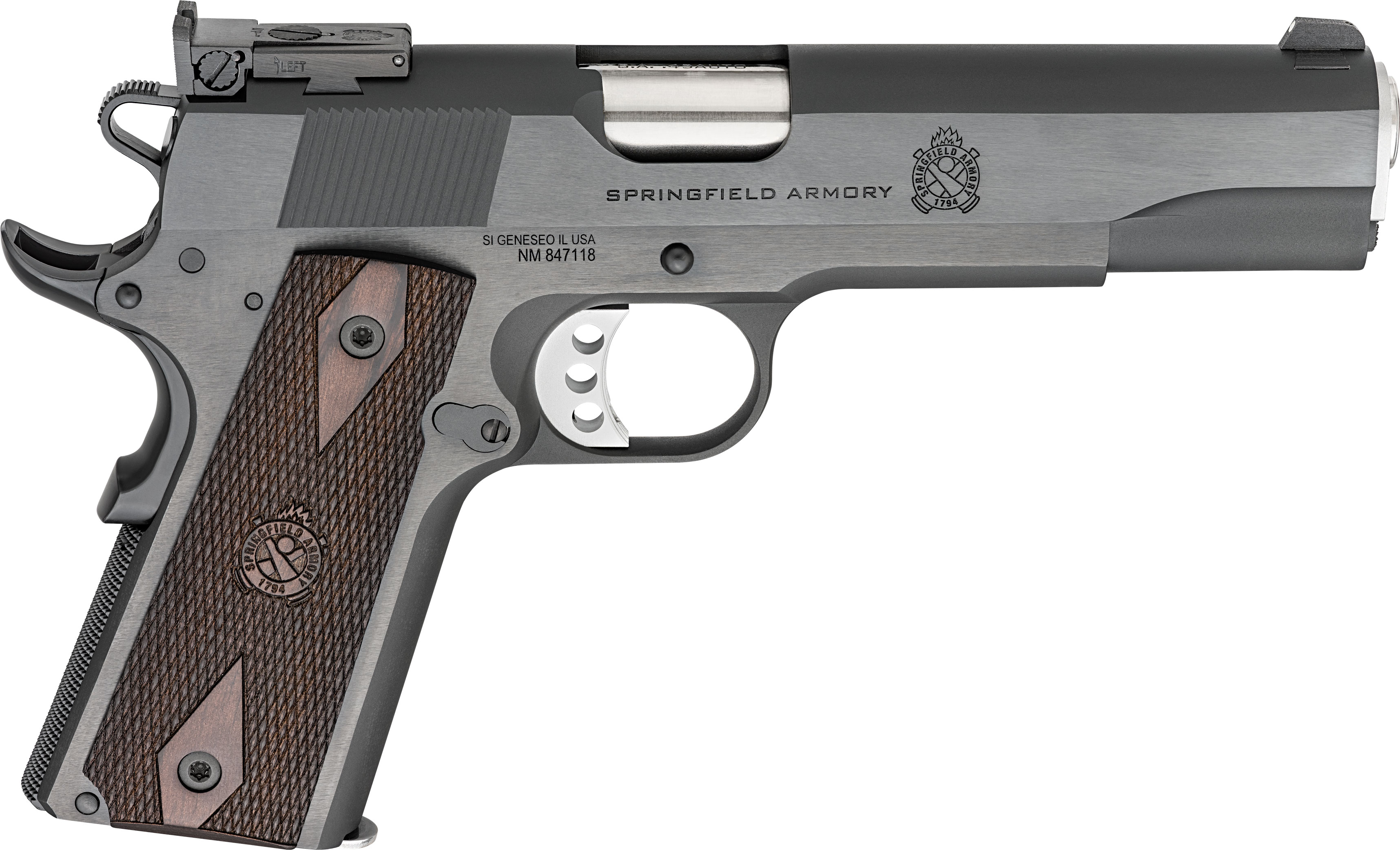 Springfield 1911 Garrison Target Handgun 45 Auto 7rd Magazine 5'' Barrel Adjustable Rear Sight