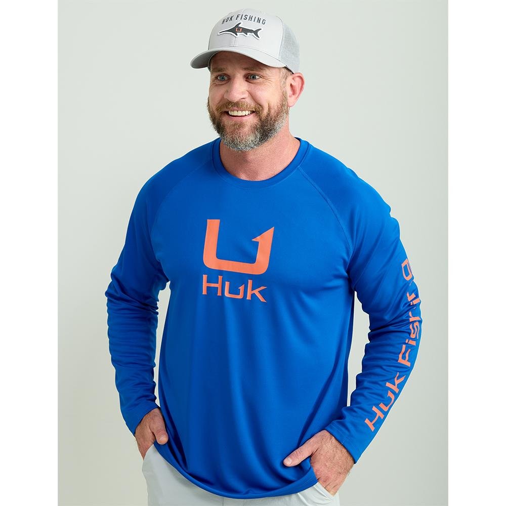 Huk H1200573-460-XL Icon Crew Long Sleeve Shirt Ocean Blue XL, 50+ UPF