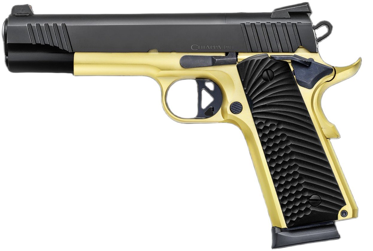 Chiappa 1911 SUPERIOR GRADE PISTOL 45 AUTO 5IN BARREL 8RD BLACK GOLD COMBAT HAMMER/TRIGGER FIBER OPTIC SIGHTS WITH RMR & RMSC ADAPTERS G10 GRIPS 2-8 RD MAG 440.236 - Chiappa Firearms - .45 ACP