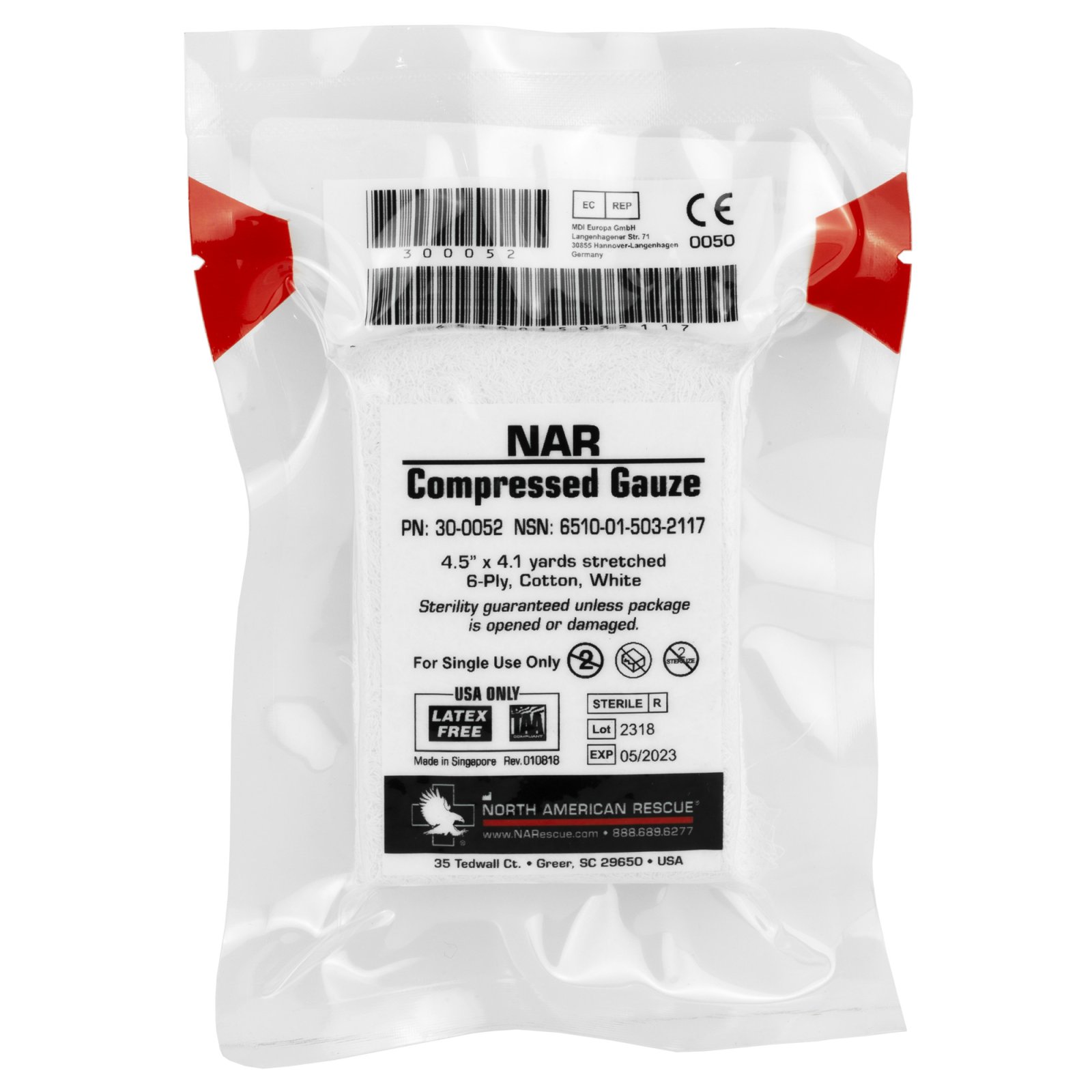 North American Rescue Compressed Gauze 4.5" x 4.1yd Sterile 6-Ply 100%