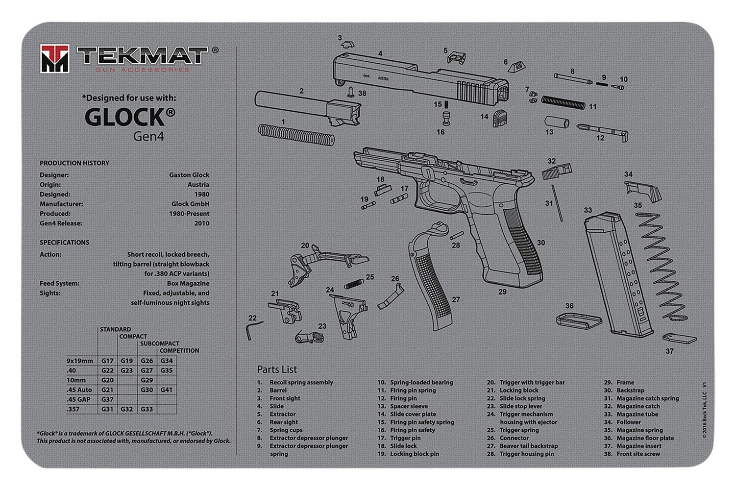 TekMat Glock Gen 4 Cleaning Mat Gray Rubber 11"x17" - TEKMAT - NOT APPLICABLE
