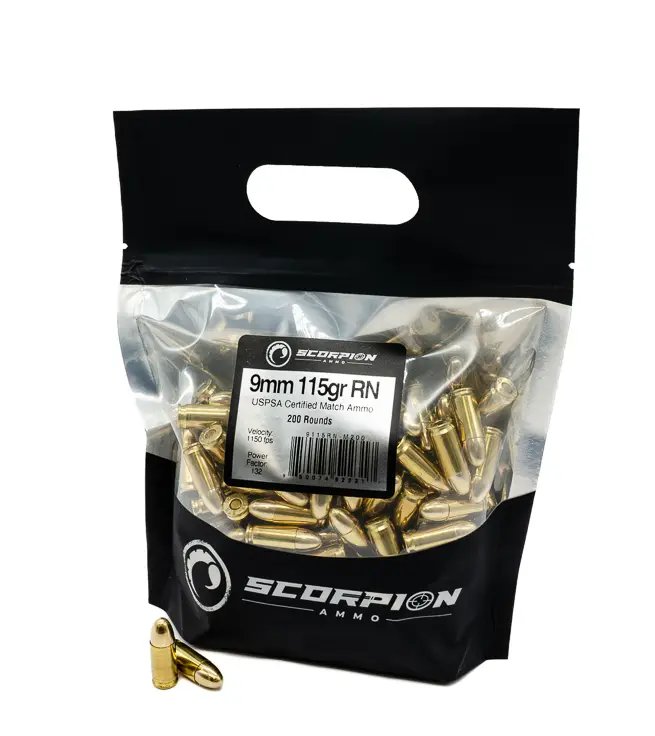 SCORPION AMO 9MM 115GR TMC- RN 200RD GO BAG USPSA MATCH CERT ( 5 BAGS PER CASE)