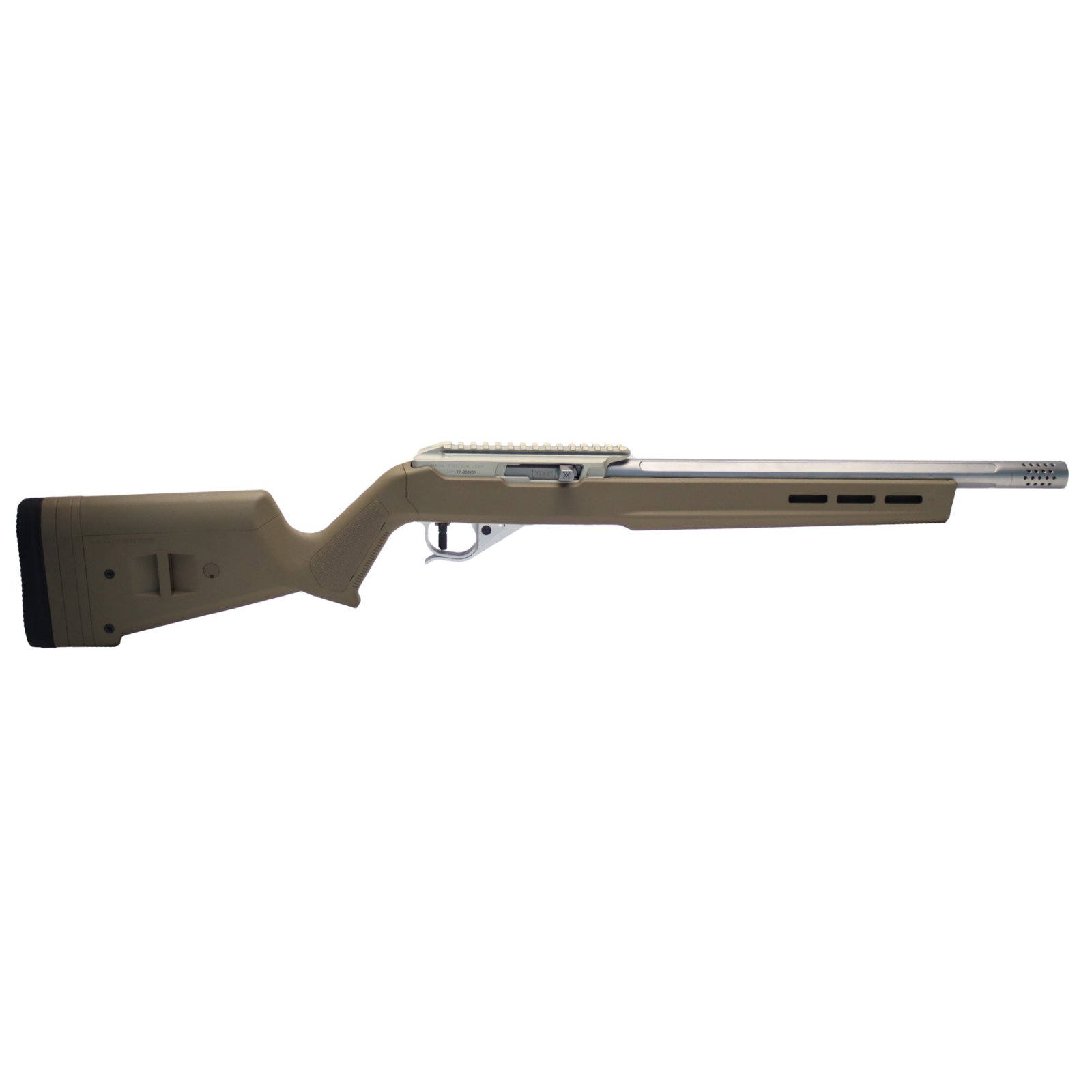 True Precision Inc TP1022FDE3SS TP/22 22 LR 16" Match Grade Barrel, Clear Coat Silver Anodized Aluminum Receiver w/Picatinny Rail, M-LOK Forend, Flat Dark Earth Magpul Hunter X-22 Polymer Stock