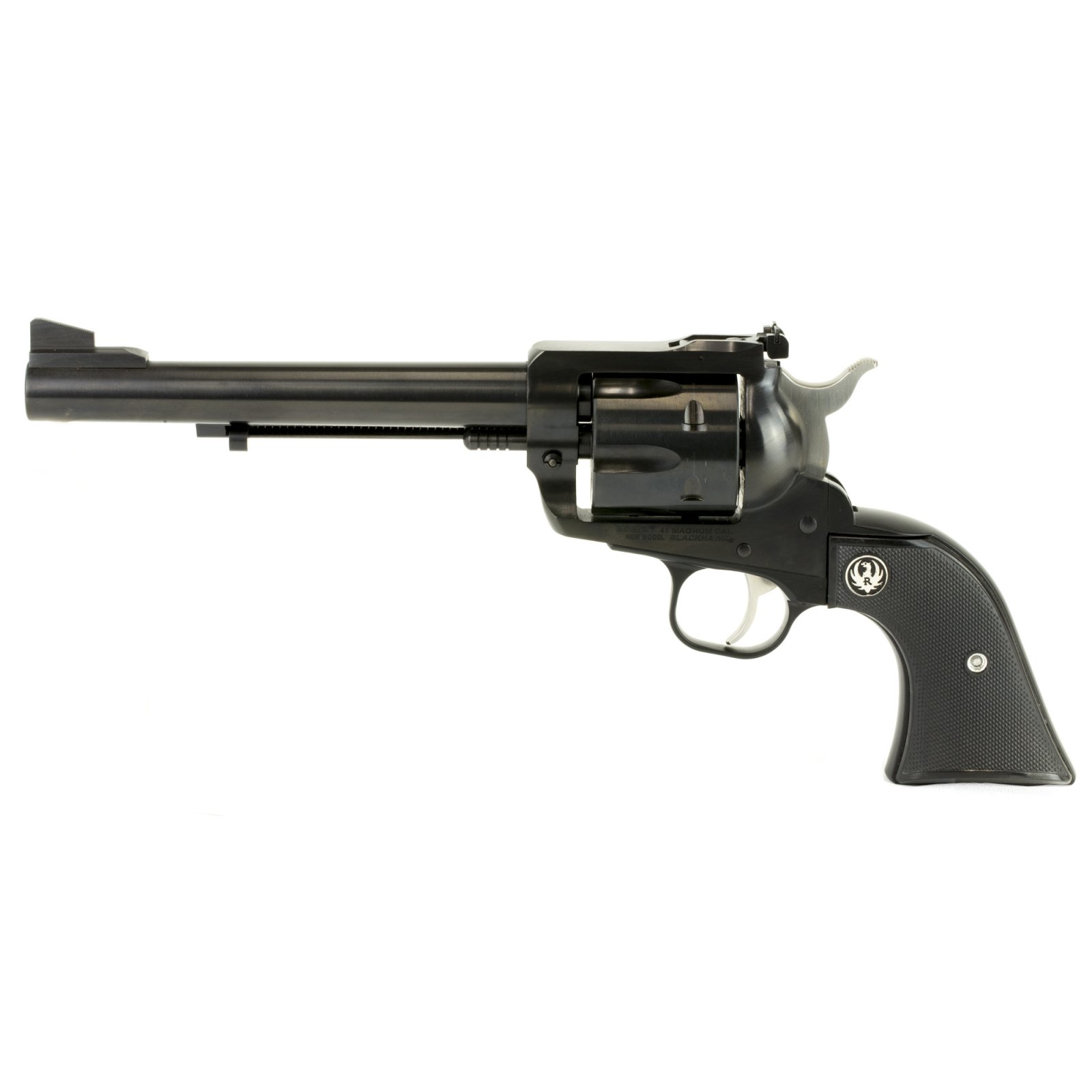 Ruger 0406 Blackhawk Revolver, 41 Rem Mag, 6.50" Blued Alloy Steel Barrel, 6-Round Capacity, Black Checkered Hard Rubber Grip, Adjustable Sights