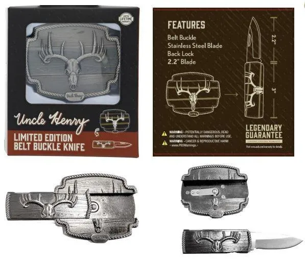 Uncle Henry 1227075 Belt Buckle Lockback Knife Deer Skull Design