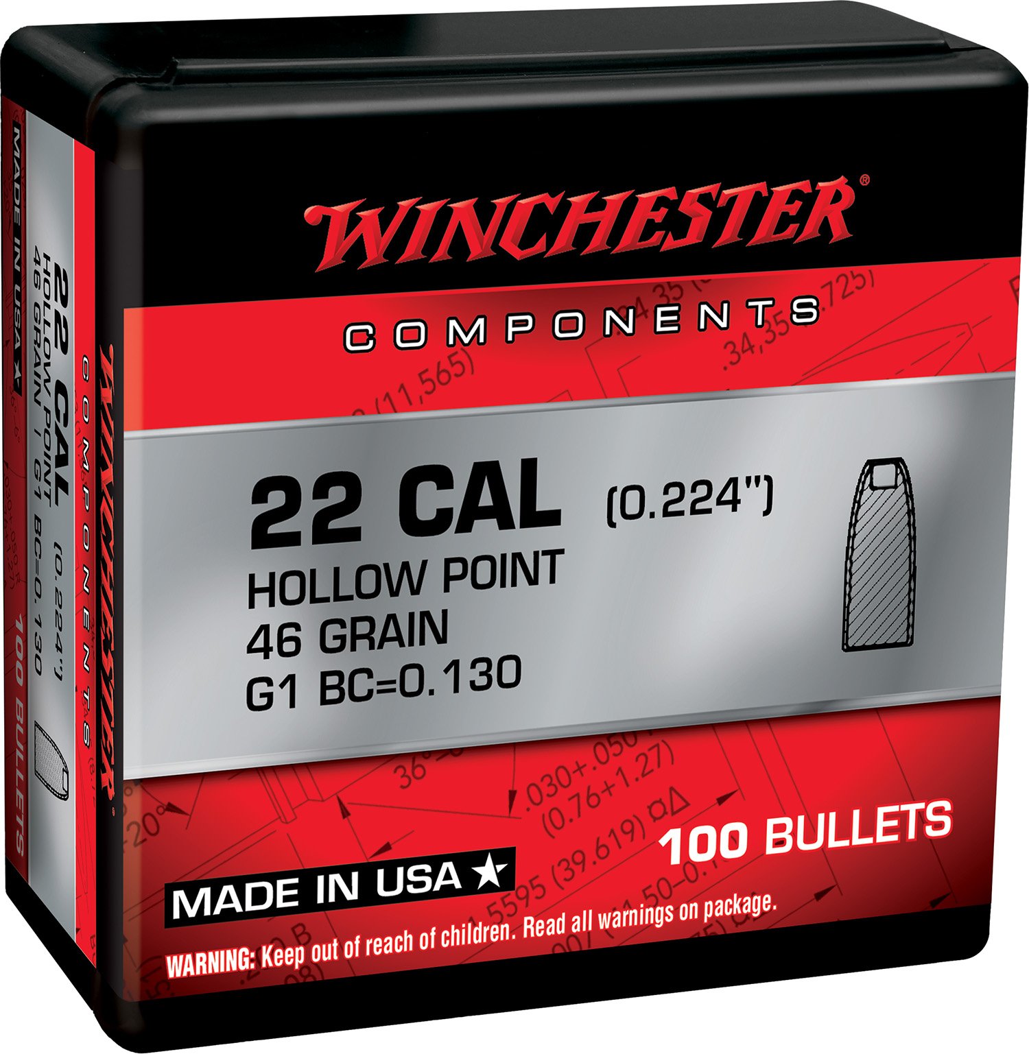 Winchester WB22HP46X Reloading Bullets 22 Hornet .224 46 gr Hollow Point