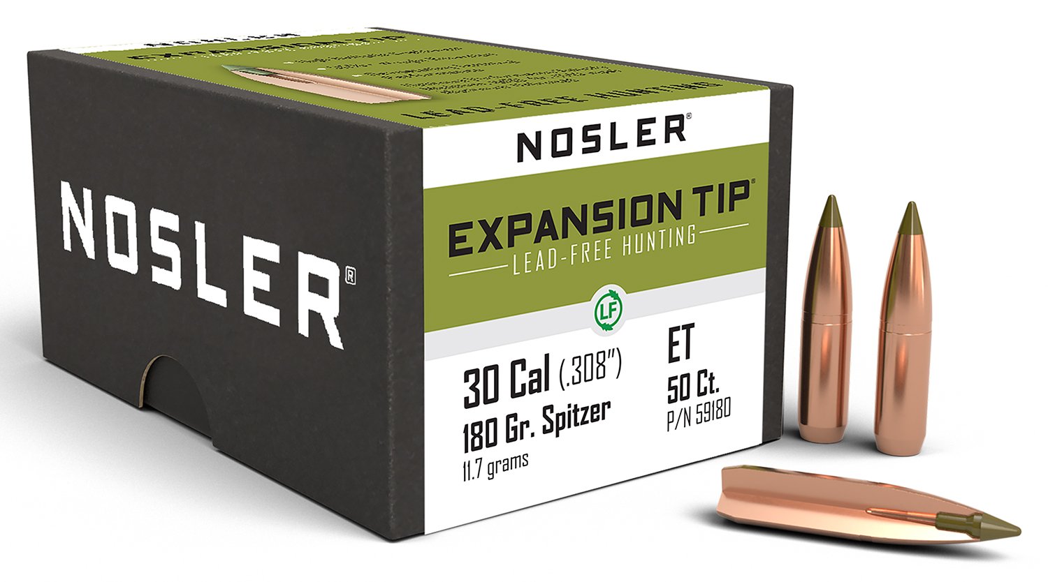 Nosler E-Tip 30 Caliber 180 Grain Boat Tail Lead Free Bullets 50 Count - Nosler - 30 Caliber