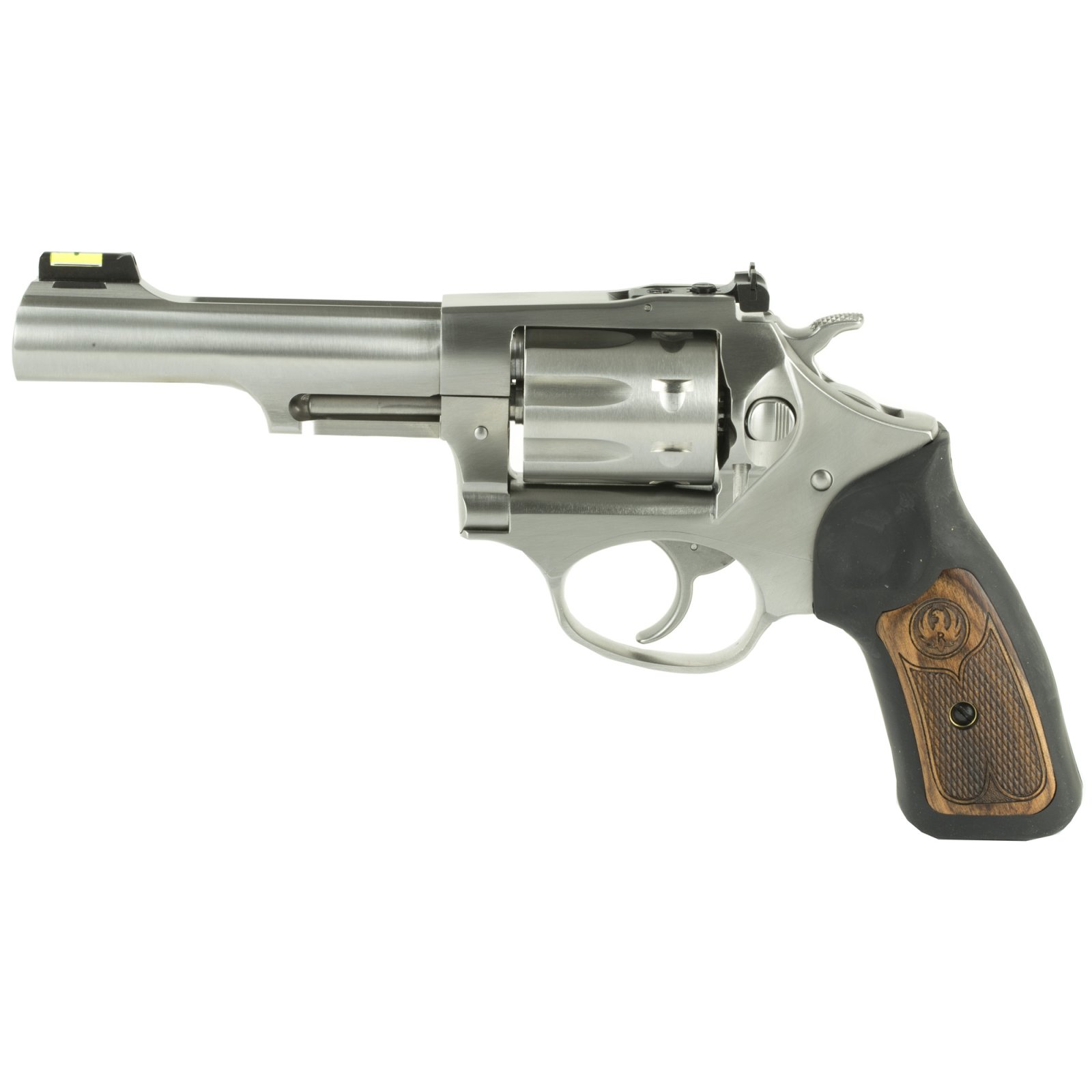 Ruger 5765 SP101 Handgun, 22 LR Caliber, 4.20" Barrel, 8rd Capacity, Satin Stainless Steel, Black Rubber Engraved Wood Grip, Fiber Optic Sight - Ruger - 22 LR