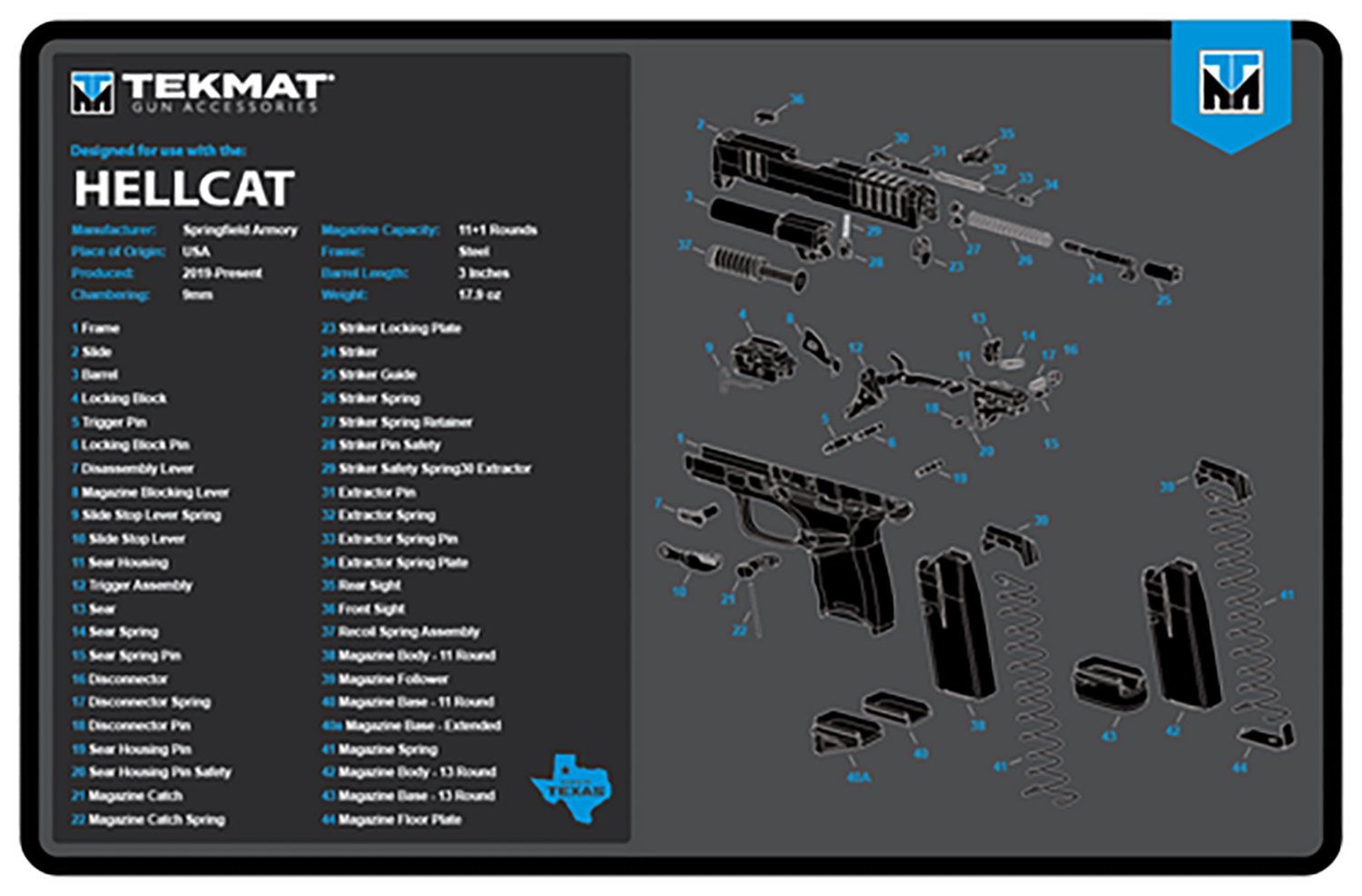 TekMat TEKR17HELLCATBLU Springfield Armory Hellcat Cleaning Mat Black/Blue/White Rubber 11"x17" Springfield Hellcat Parts Diagram - TEKMAT