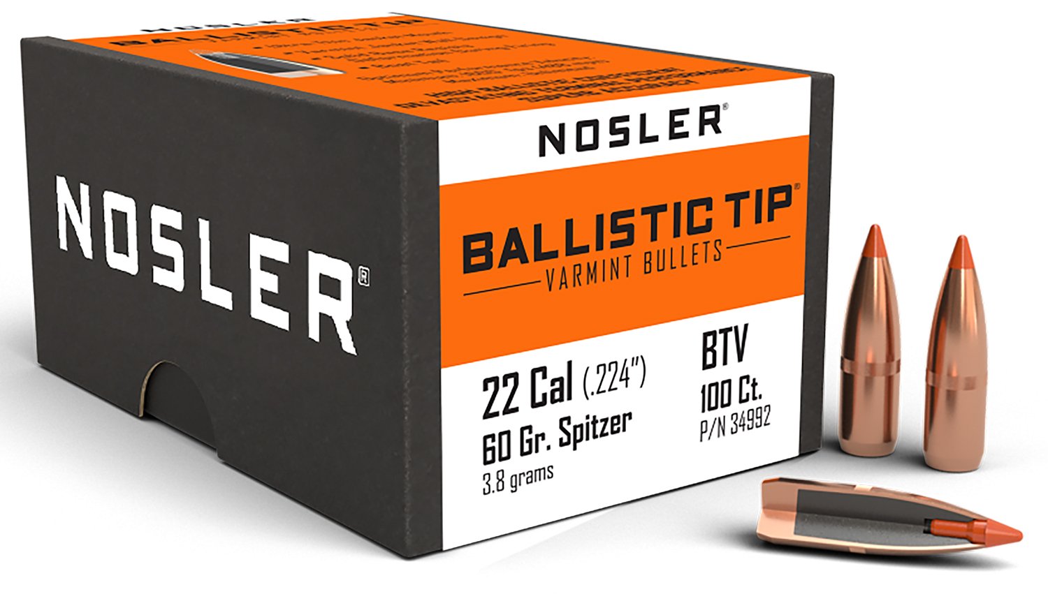 Nosler 34992 Ballistic Tip Varmint .22 Cal .224 60 gr Spitzer 100 Per Box - Nosler - 22 Caliber