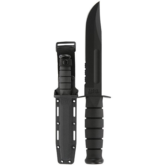 Ka-Bar 1214 Fighting/Utility 7" Fixed Clip Point Serrated Black 1095 Cro-Van Blade Black Kraton G Handle Includes Sheath
