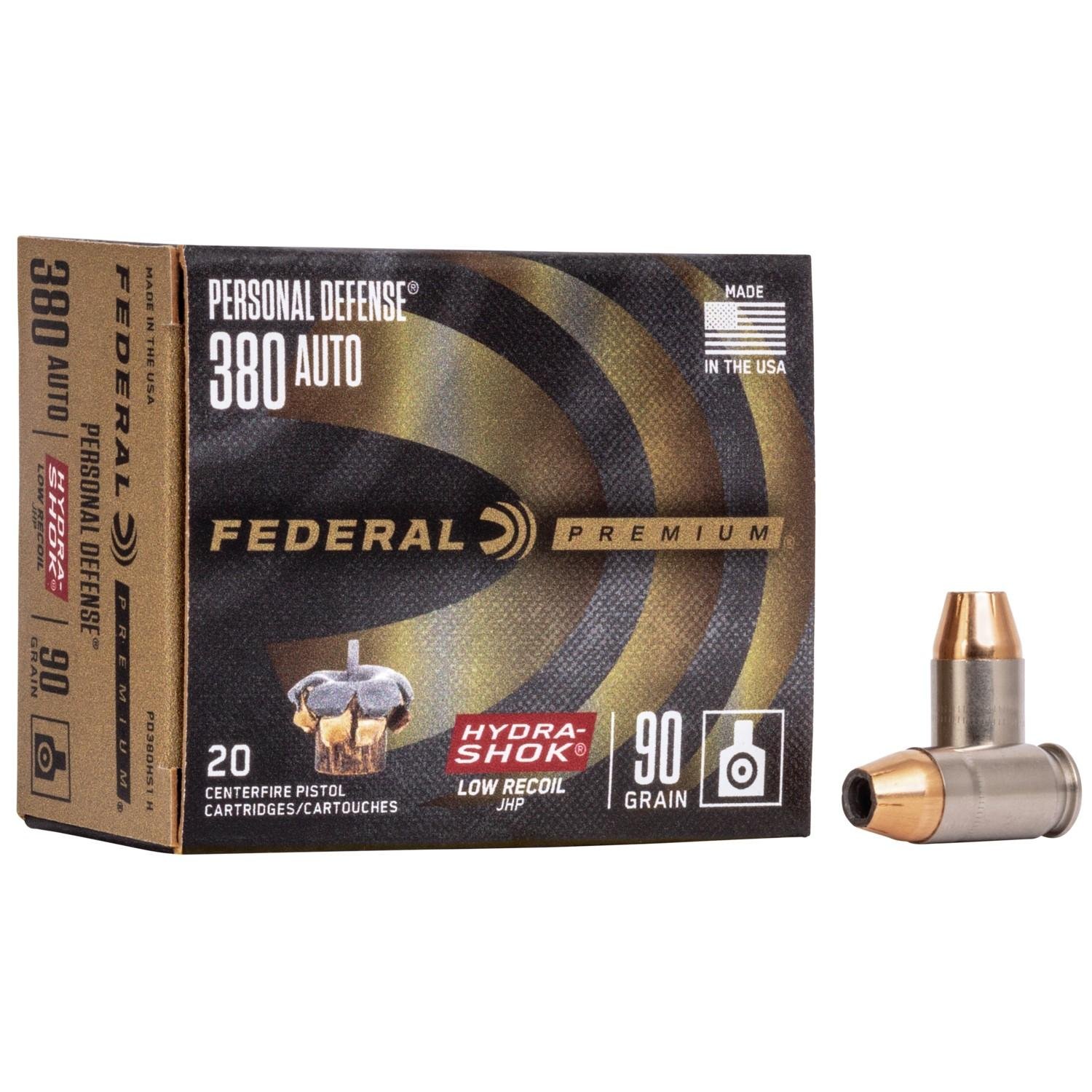 Federal PD380HS1H Premium Personal Defense Low Recoil 380 ACP 90 gr Hydra-Shok Jacketed Hollow Point 20 Per Box/10 Cs - Federal Premium Ammunition - HYDRA-SHOK JACKETED HOLLOW POINT