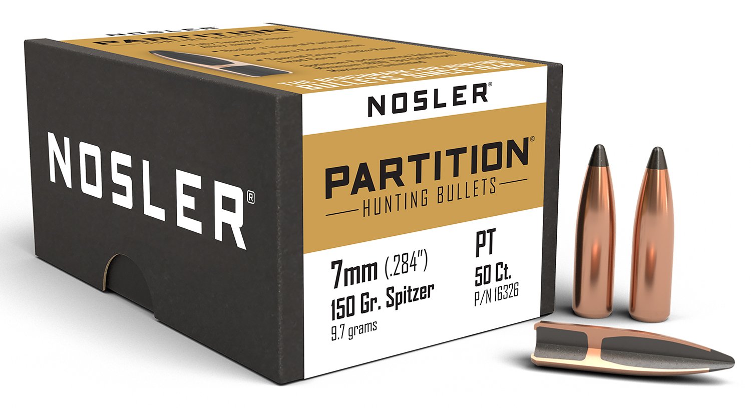 Nosler 16326 Partition Bullets, 7mm, 150gr Spitzer Point, Copper, 50 Pack - Superior Mushrooming, Enhanced Penetration - Nosler - .284