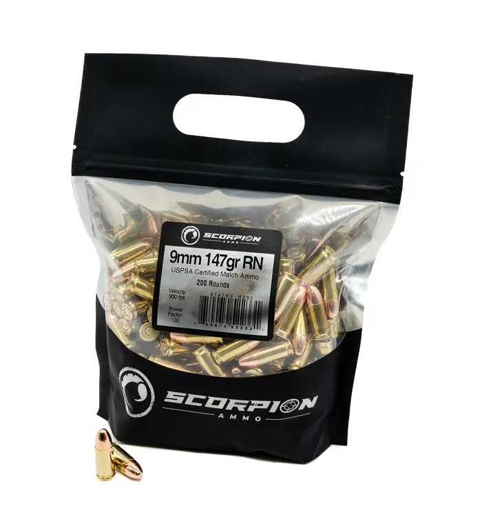 SCORPION AMO 9MM 147GR TMC- RN 200RD GO BAG USPSA MATCH CERT ( 5 BAGS PER CASE)