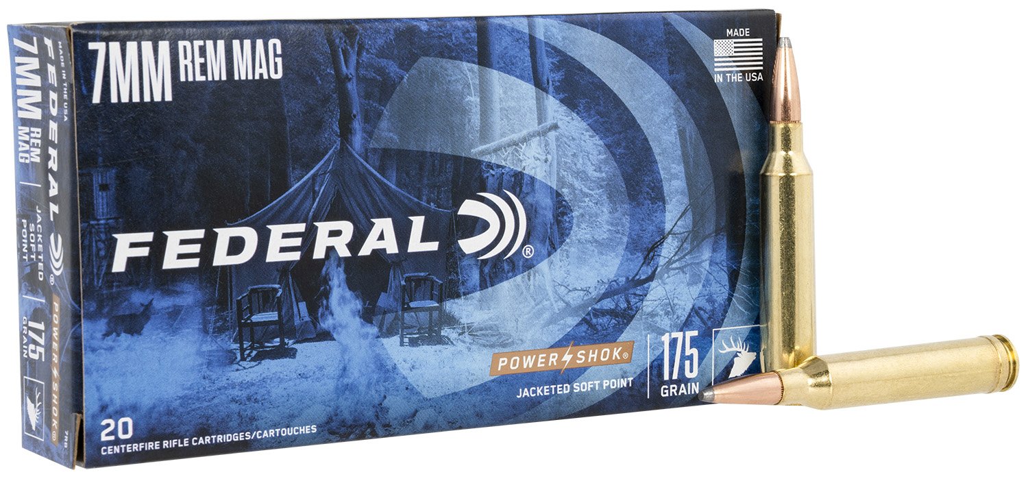 Federal 7RB Power-Shok Hunting 7mm Rem Mag 175 gr Jacketed Soft Point (JSP) Ammo - 20 Rounds per Box/ 10 Boxes per Case - UPC: 029465084448