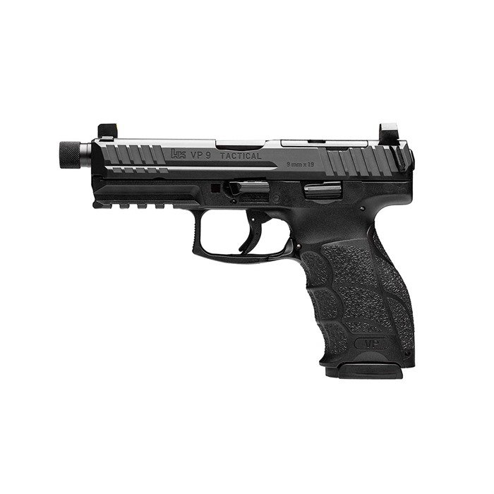 HK VP9 Tactical OR 9mm Luger Pistol: 4.7" Threaded Barrel, Night Sights, 17+1 Capacity, 3 Magazines, Black Polymer Grip, Steel Slide