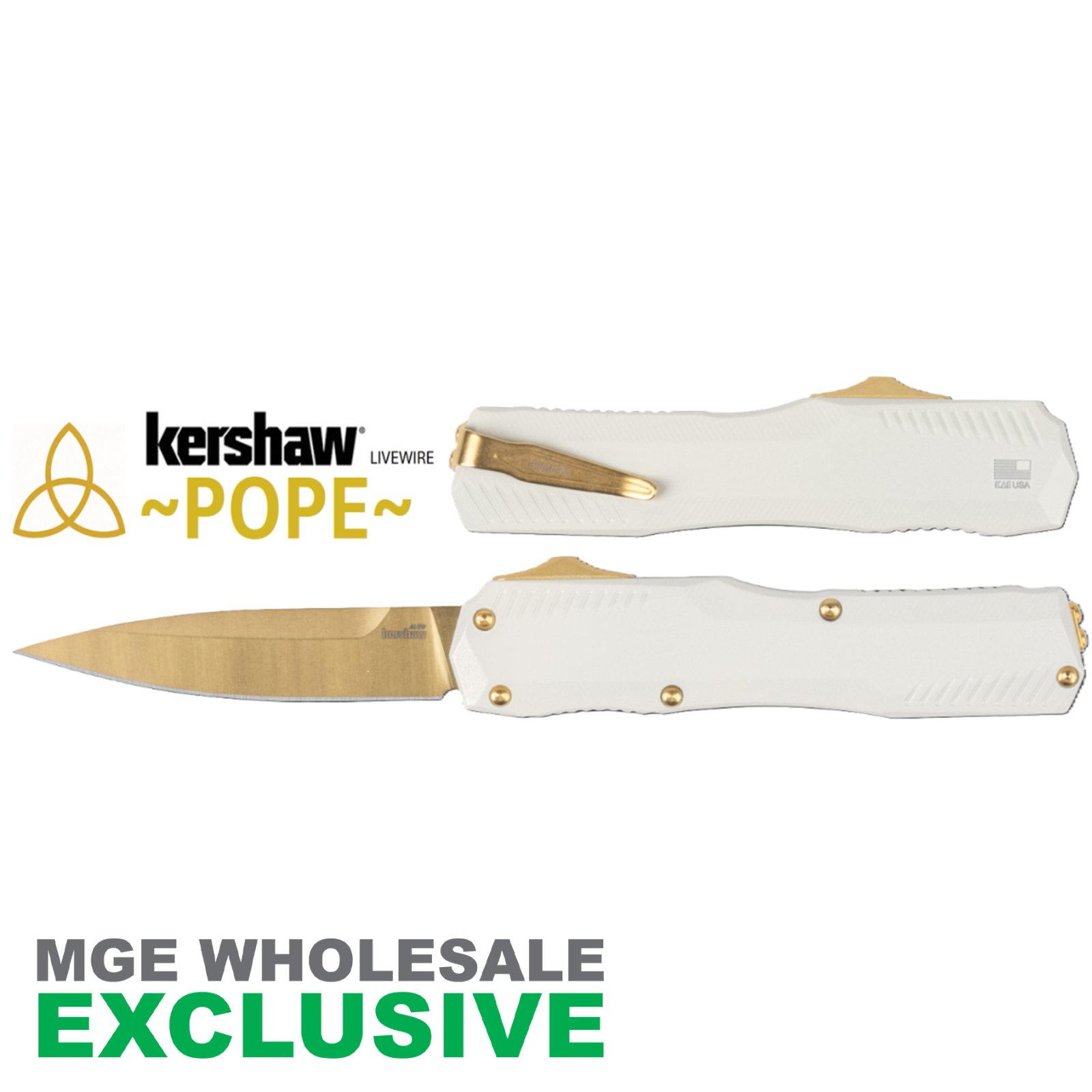 KERSHAW LIVEWIRE POPE WHITE HANDLE GOLD BLADE MGE Exclusive