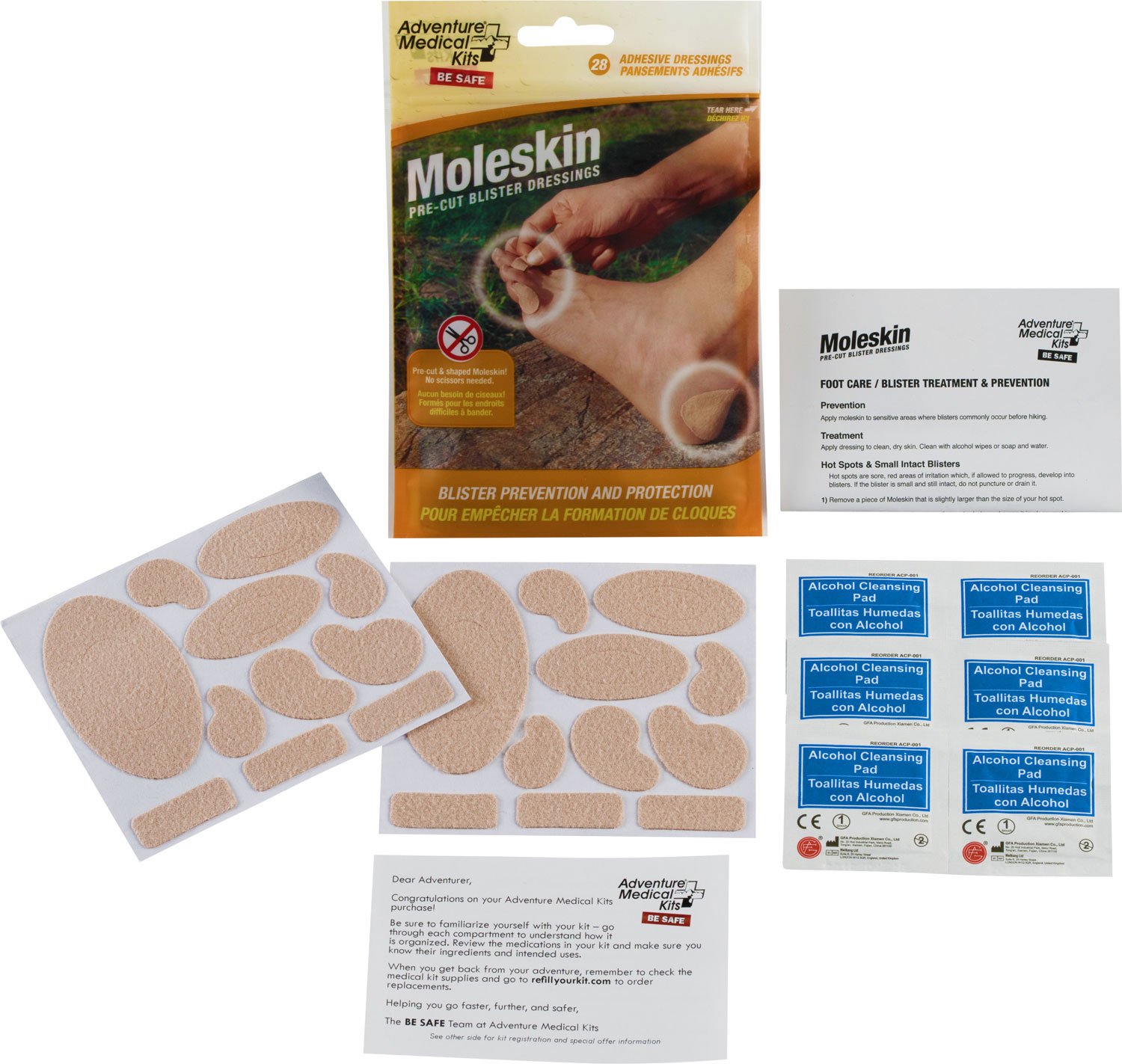 Adventure Medical Kits 01550400 Moleskin Blister Prevention Brown 22 Precut Shapes - AMK - PRECUT & SHAPED