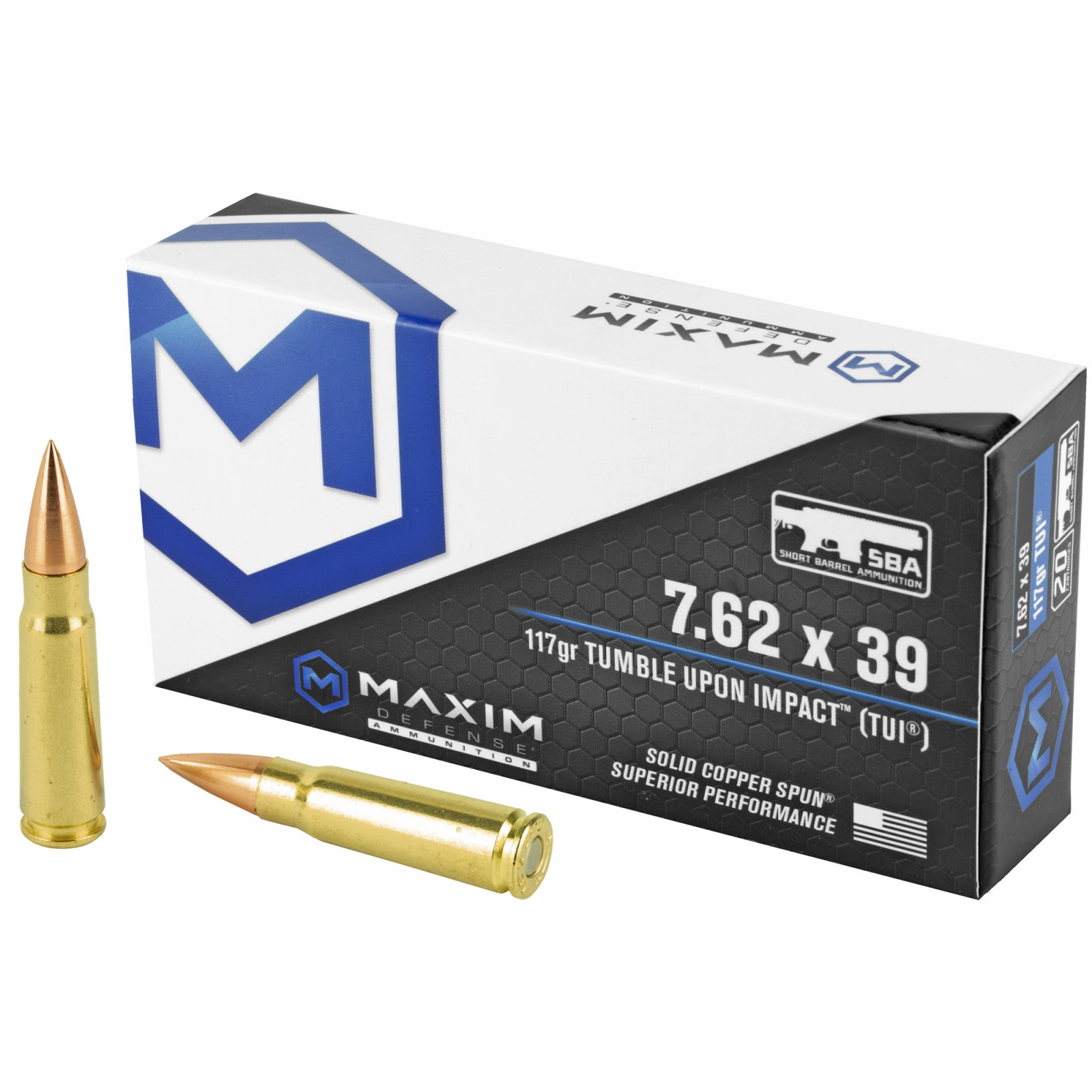 Maxim MXM-49003 7.62x39 117 Grain TUI Rifle Ammo, 20rd Box - Maxim Defense - 7.62X39