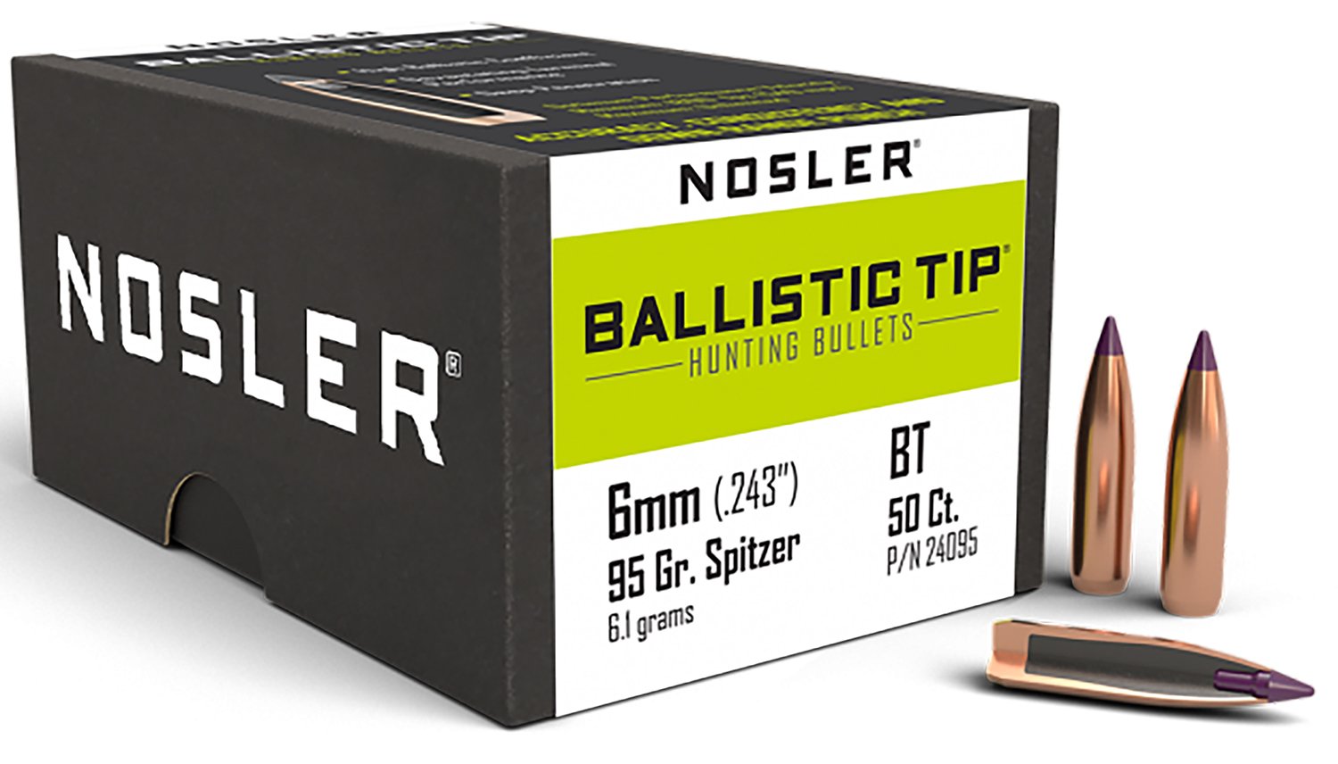 Nosler 24095 Ballistic Tip Hunting 6mm .243 95 GR Spitzer 50 Per Box - Nosler - 243 Caliber