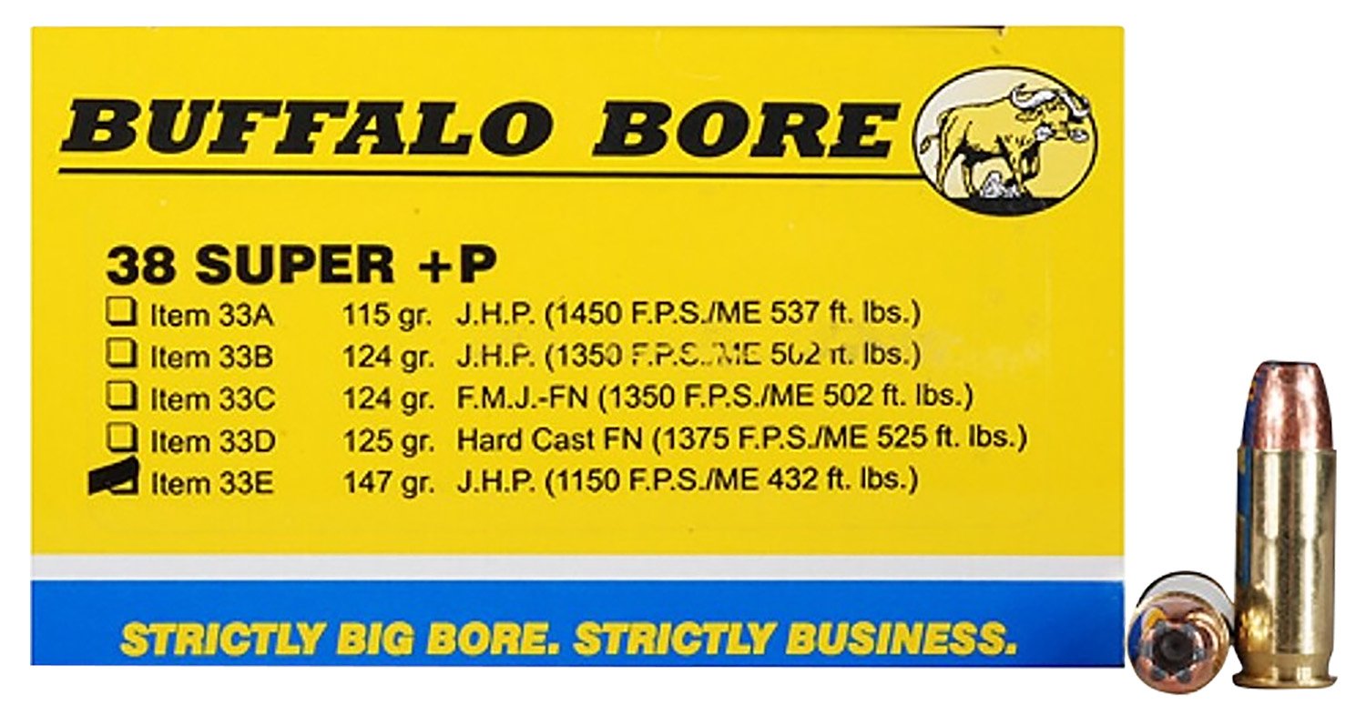 Buffalo Bore 33E20 .38 Super +P 147gr JHP Ammo 20 Rounds - BBA - JACKETED HOLLOW POINT