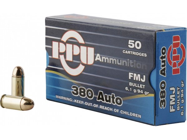 PPU PPH380AF 380 Auto 94GR FMJ Ammo, 50 Rounds