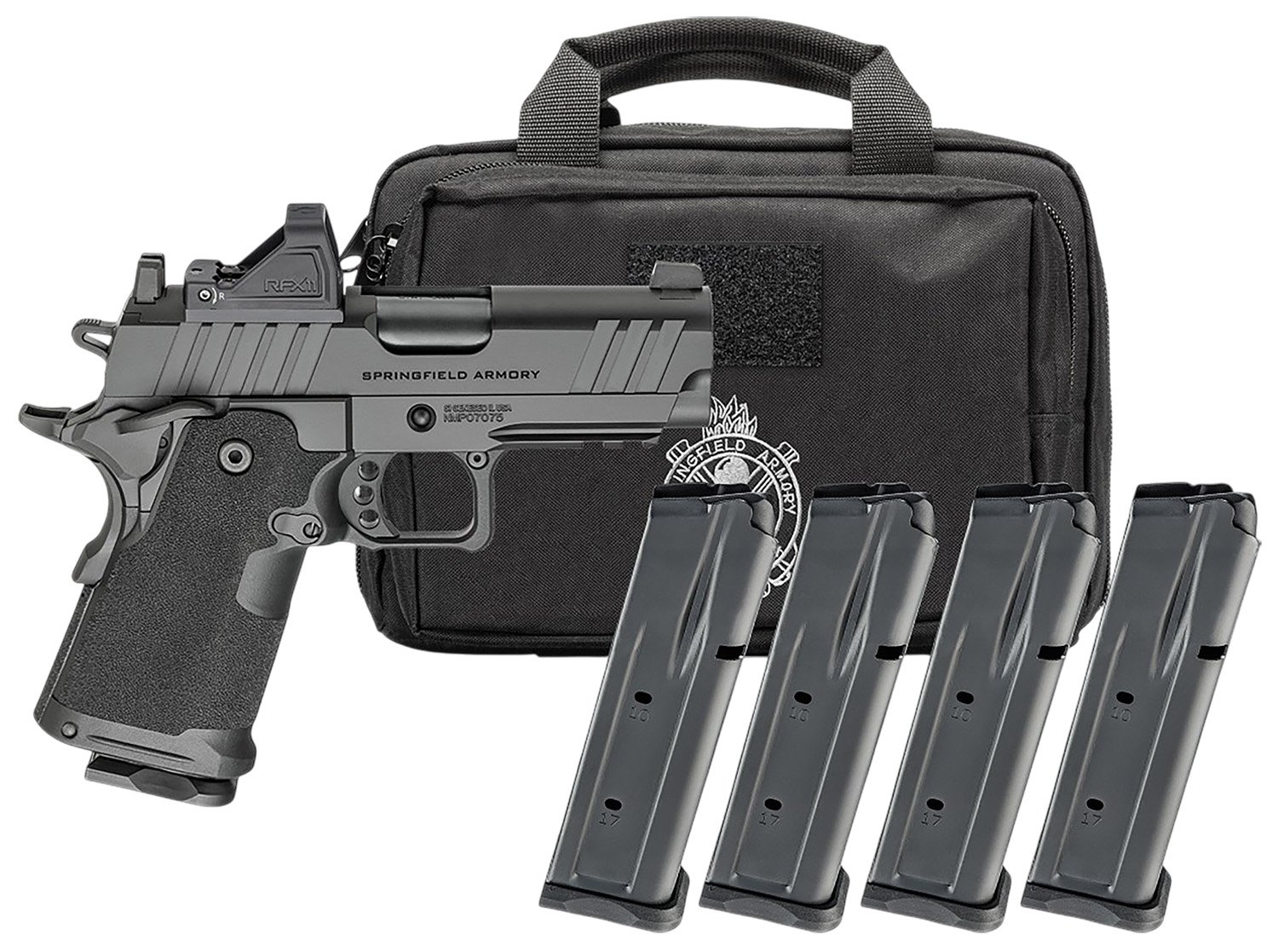 Springfield Armory Gear Pac 1911 DS Prodigy Compact Handgun 9mm Luger 15rd Magazines (4) 3.5 Barrel Black Viridian Green Dot Bag