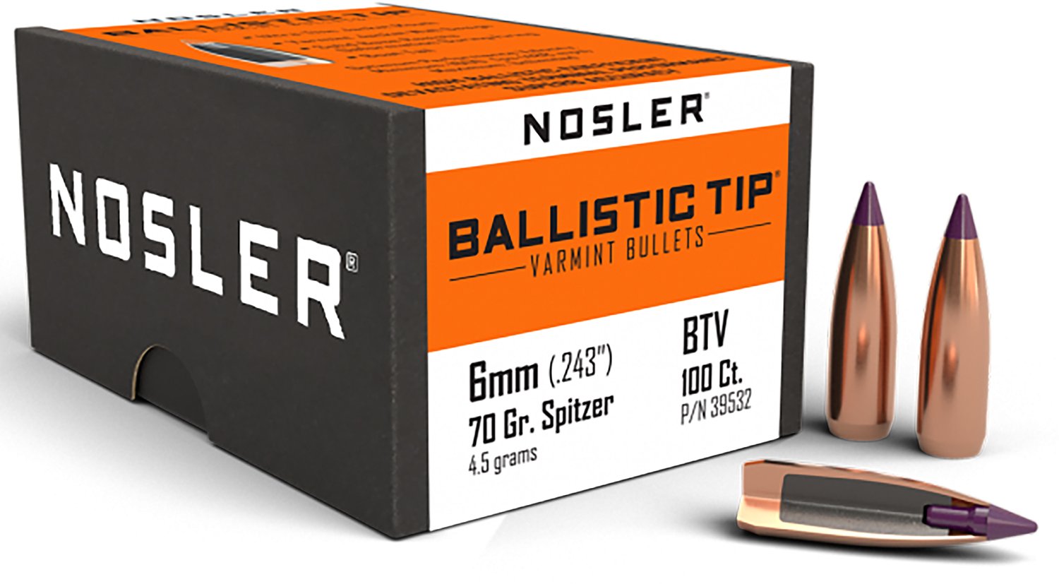 Nosler 39532 Ballistic Tip Varmint 6mm .243 70 gr Spitzer Point 100 Per Box - Nosler - 6mm