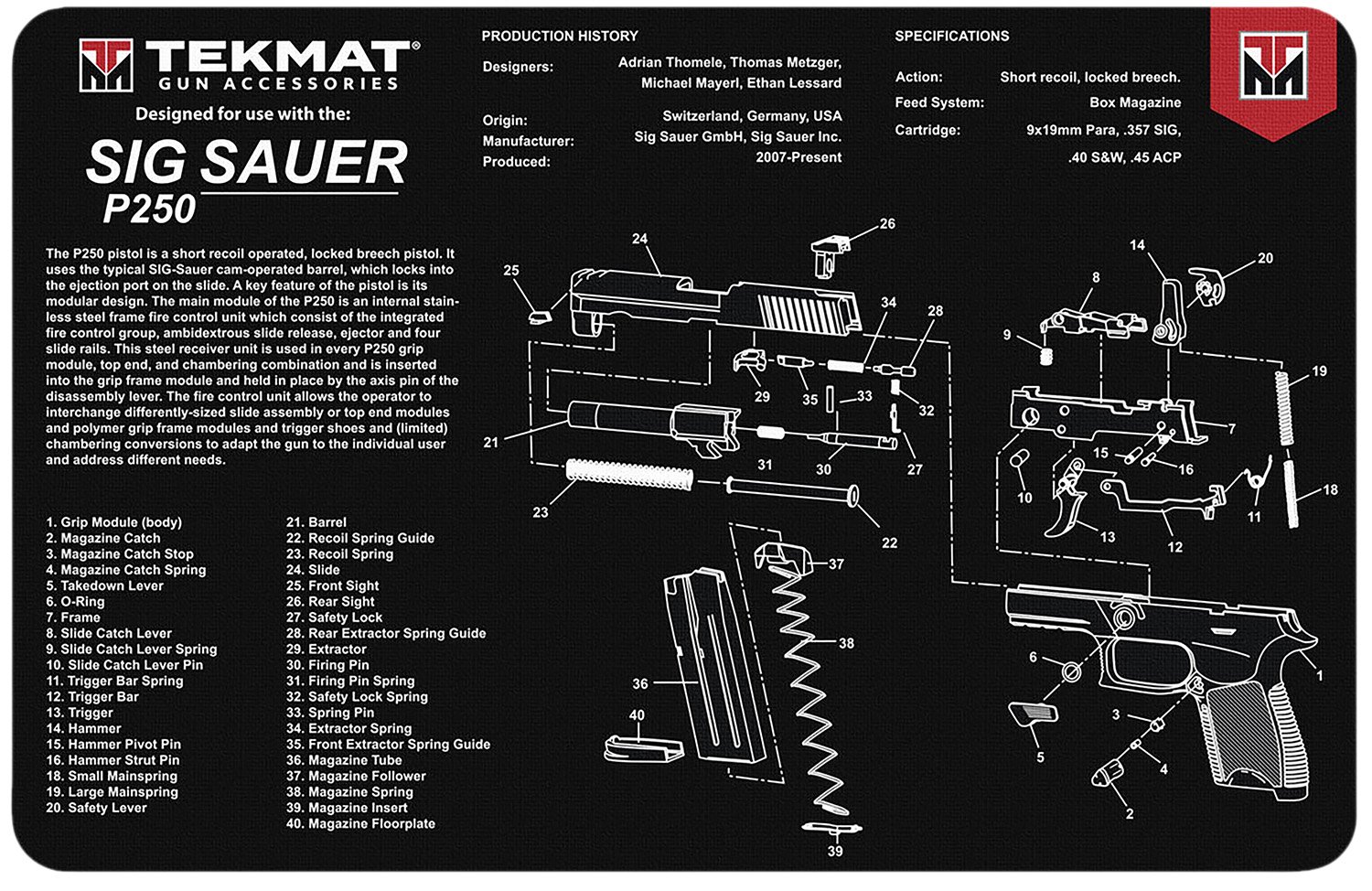 TekMat TEKR17SIGP250 Sig Sauer P250 Cleaning Mat Black/White Rubber 11"x17" Sig Sauer P250 Parts Diagram - TEKMAT