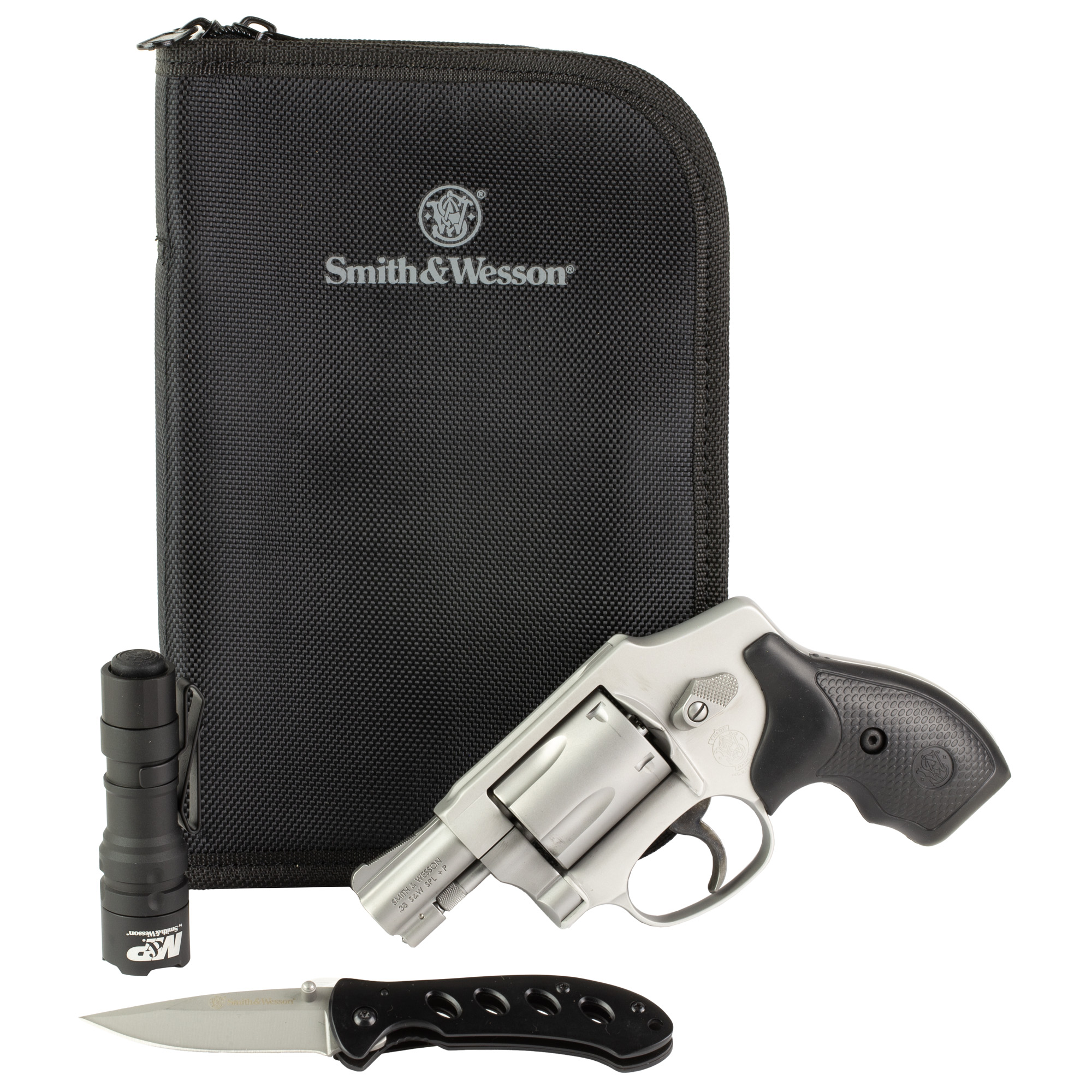 Smith & Wesson 642 Revolver 38 Special +P 1.875" Barrel, Aluminum, Rubber Grip, 5Rnd Bundle: Discreet Portfolio, Delta Force Flashlight, Oasis Knife 14397