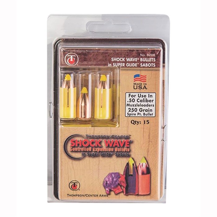 T/C Accessories Shock Wave Controlled Expansion w/Super Glide Sabots 50 Cal Spire Point 250 GR 15 Box