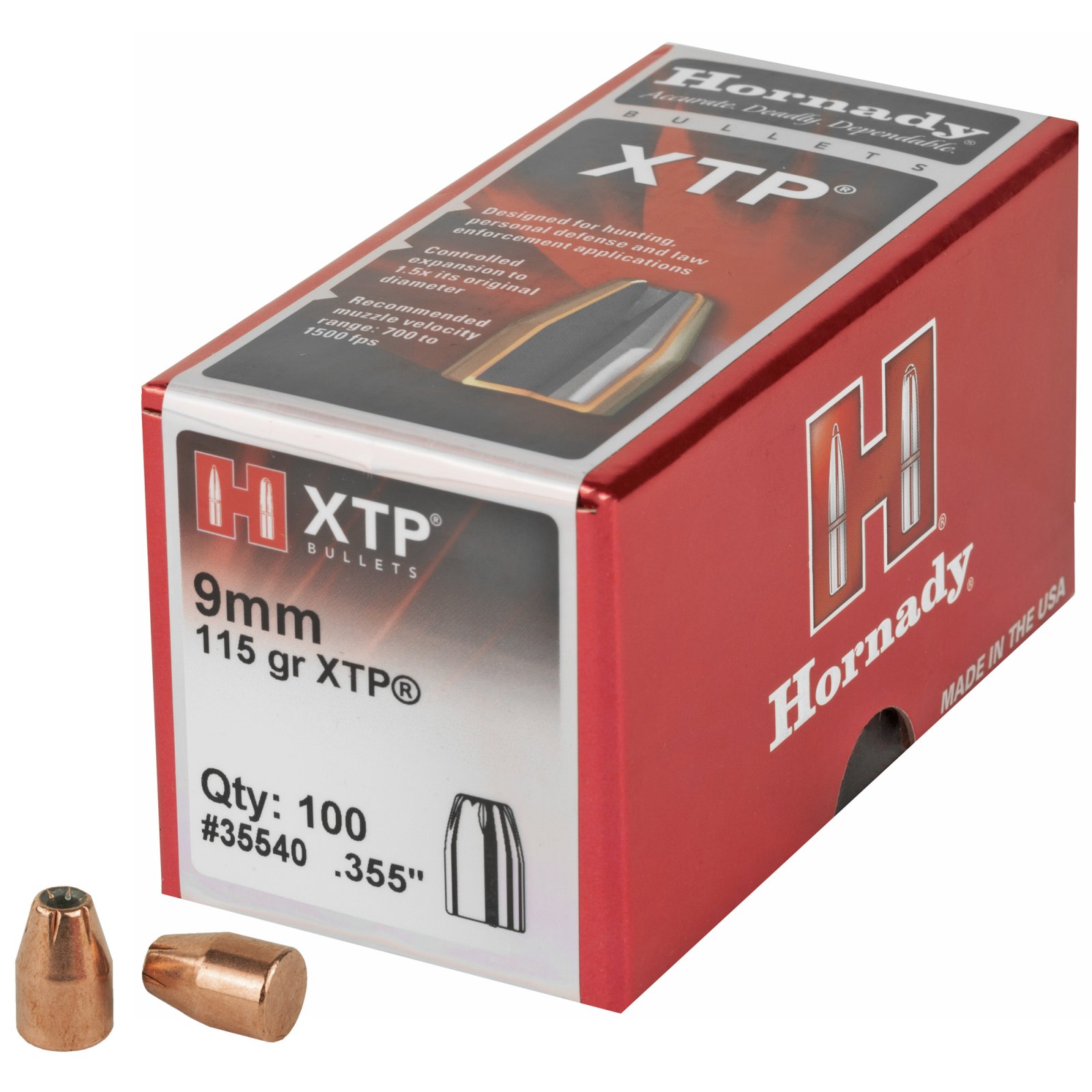 Hornady XTP 9mm .355 115 GR Hollow Point Bullet - 100 Count