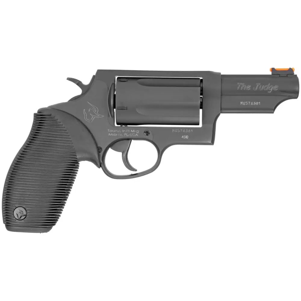 Taurus 2441031T Judge Revolver, DA/SA Action, .45 Colt/.410ga Caliber, 3" Steel Blue Barrel, Ribber Black Grip, 5-Round Capacity, Fixed Red Fiber Optic Sights - Taurus International Manufacturing, Inc. - 410 Bore | 45 Colt