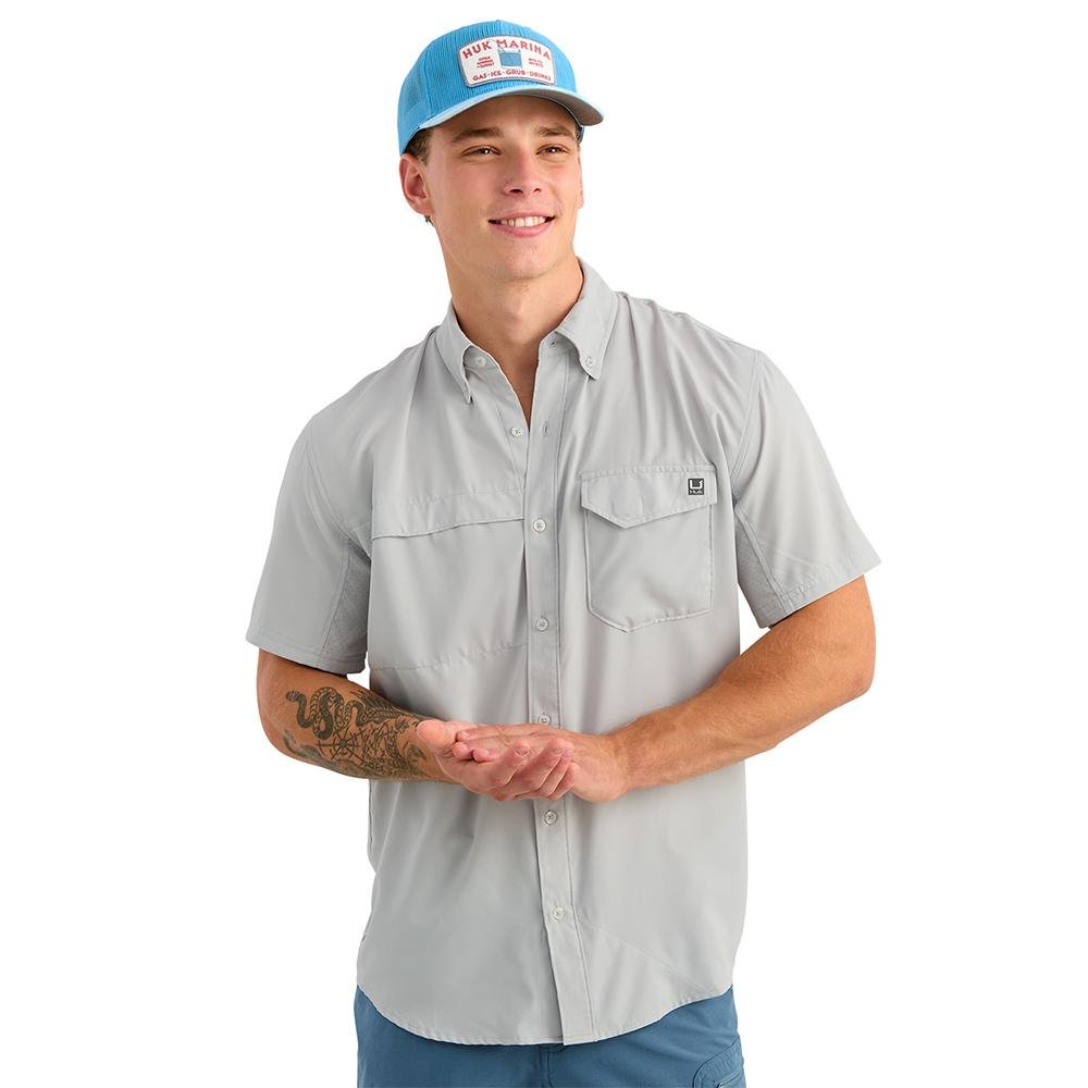 Huk Tide Point Short Sleeve Button Down Shirt Seagull L - Marolina DBA HUK