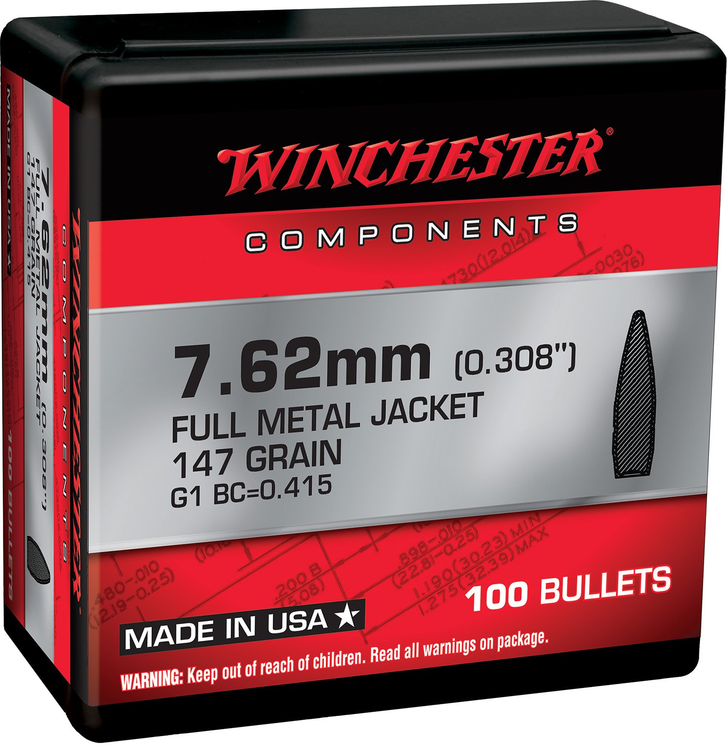Winchester Ammo WB762M147X Centerfire Rifle Reloading 7.62mm .308 147 gr Full Metal Jacket Boat-Tail (FMJBT) - Winchester - .308